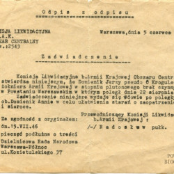 Zaświadczenie wydane przez Komisję Likwidacyjną AK w 1946 r. Z archiwum rodzinnego Eulalii Witczak z domu Domienik.