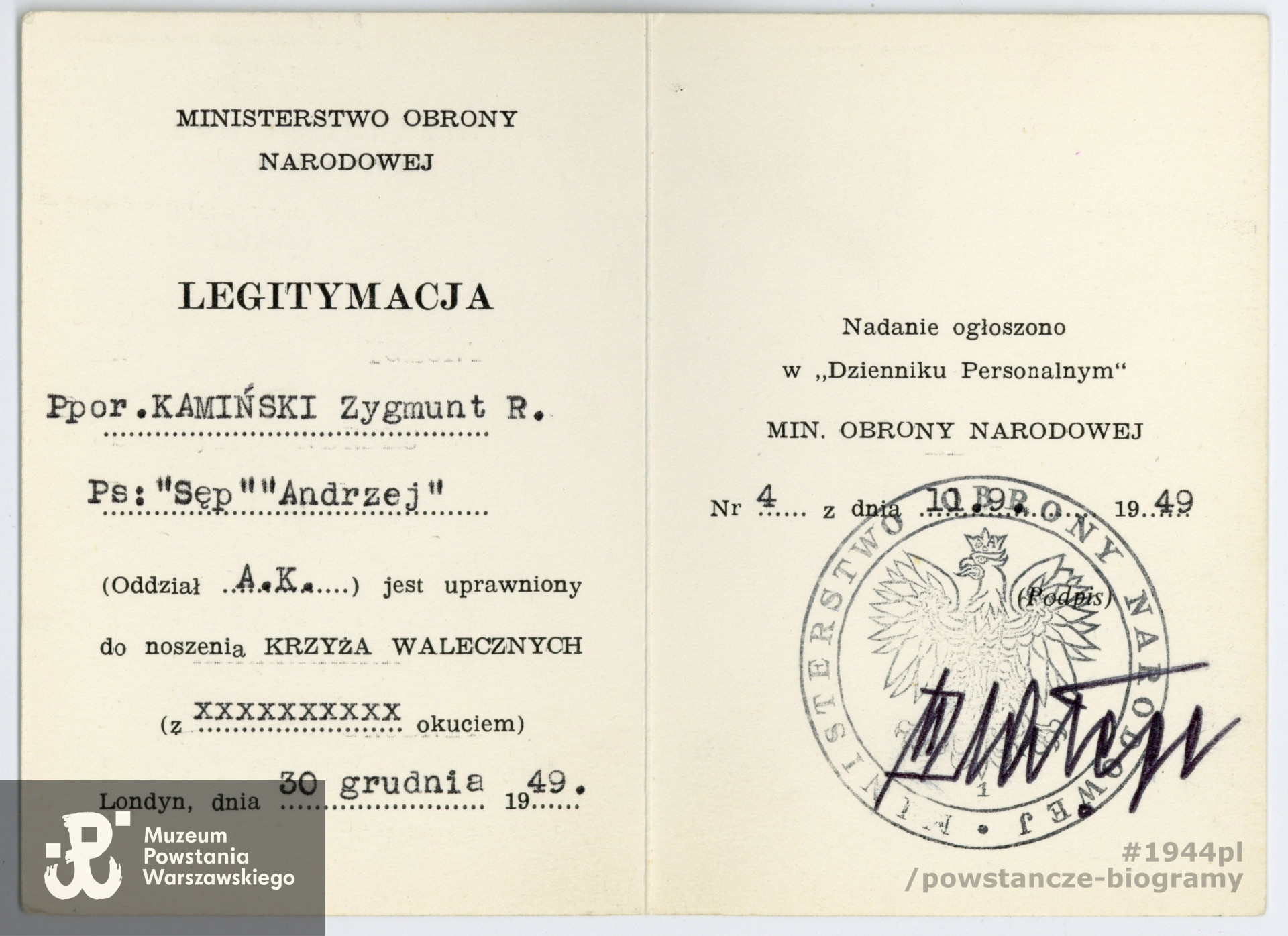 Legitymacja odznaczeniowa - Krzyż Walecznych. Ze zbiorów rodzinnych p. Krzysztofa Kamińskiego