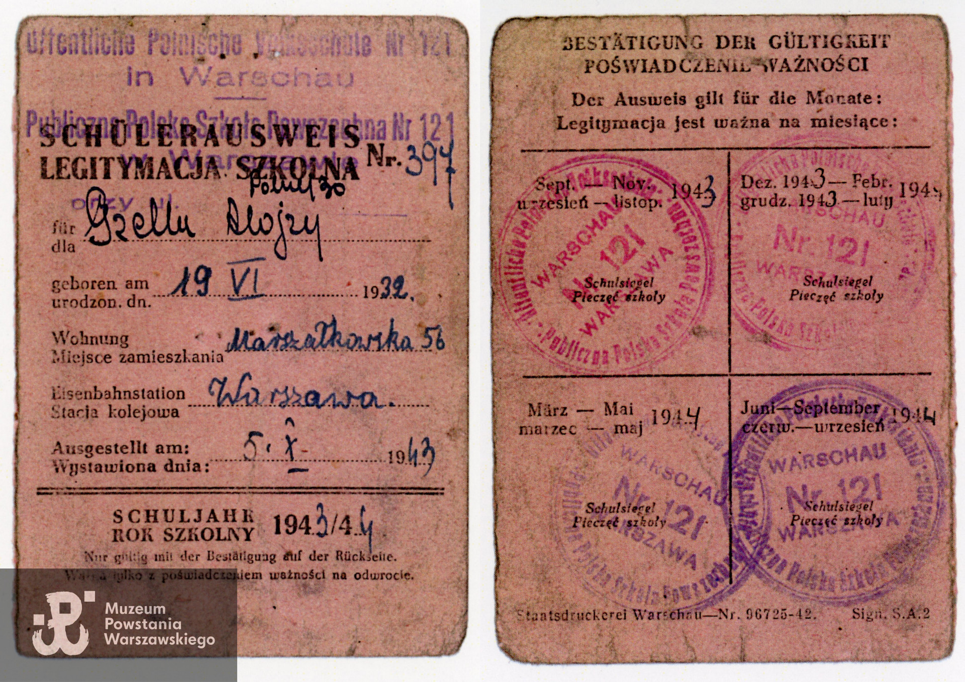Należąca do Alojzego legitymacja szkolna (niem. Schülerausweis) wystawiona na rok szkolny 1943/1944. Ze zbiorów prywatnych Powstańca.