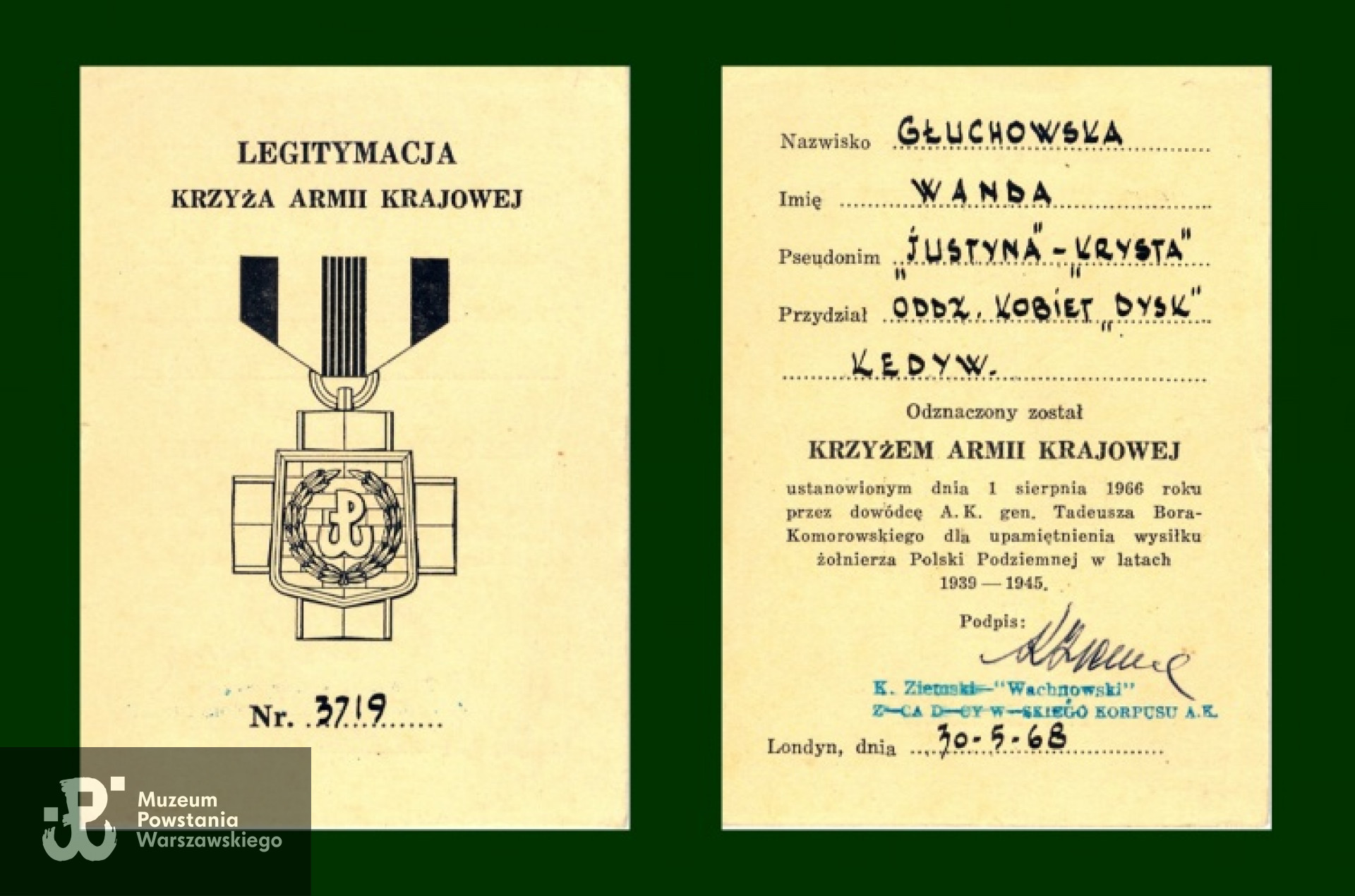 Legitymacja Krzyża Armii Krajowej Wandy Głuchowskiej. Londyn, 3.05.1968. Fot. archiwum rodzinne.