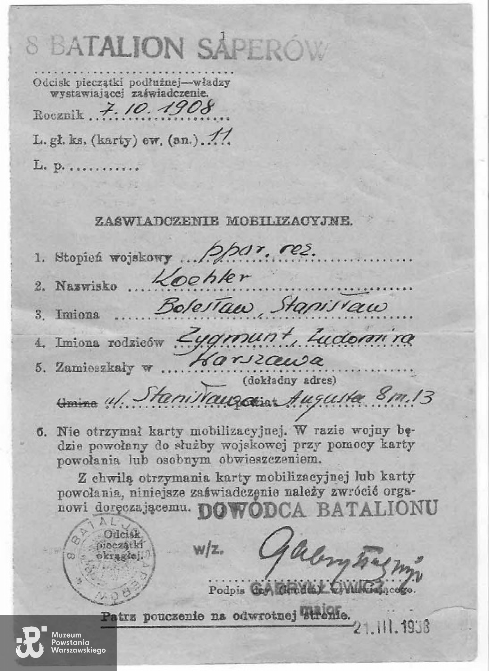Zaświadczenie mobilizacyjne 8. Batalionu Saperów