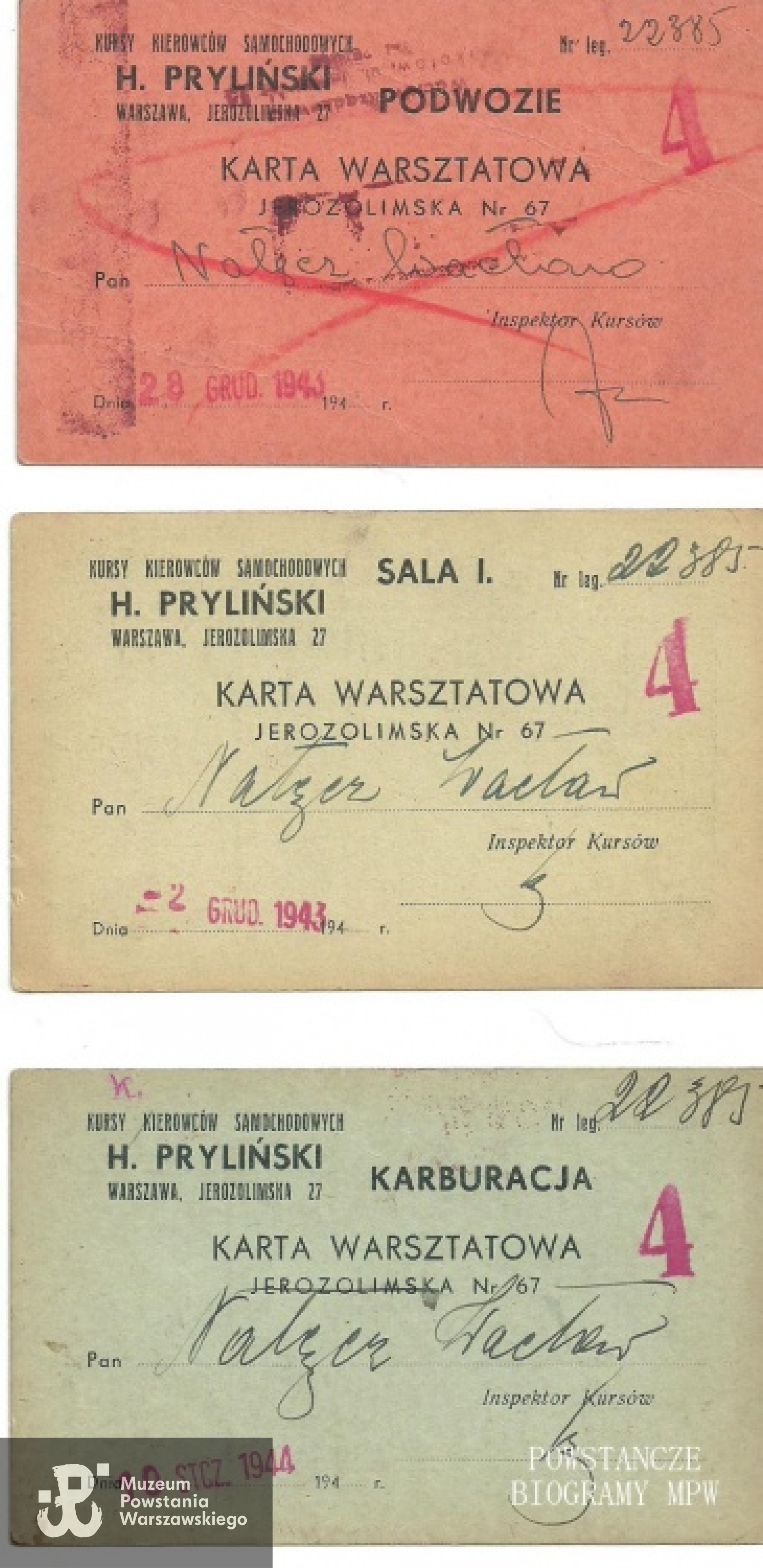 Karty warsztatowe Wacława Rządkowskiego wystawione na nazwisko "Wacław Nałęcz" - 1943/1944 rok.  Z archiwum rodzinnego żony.
