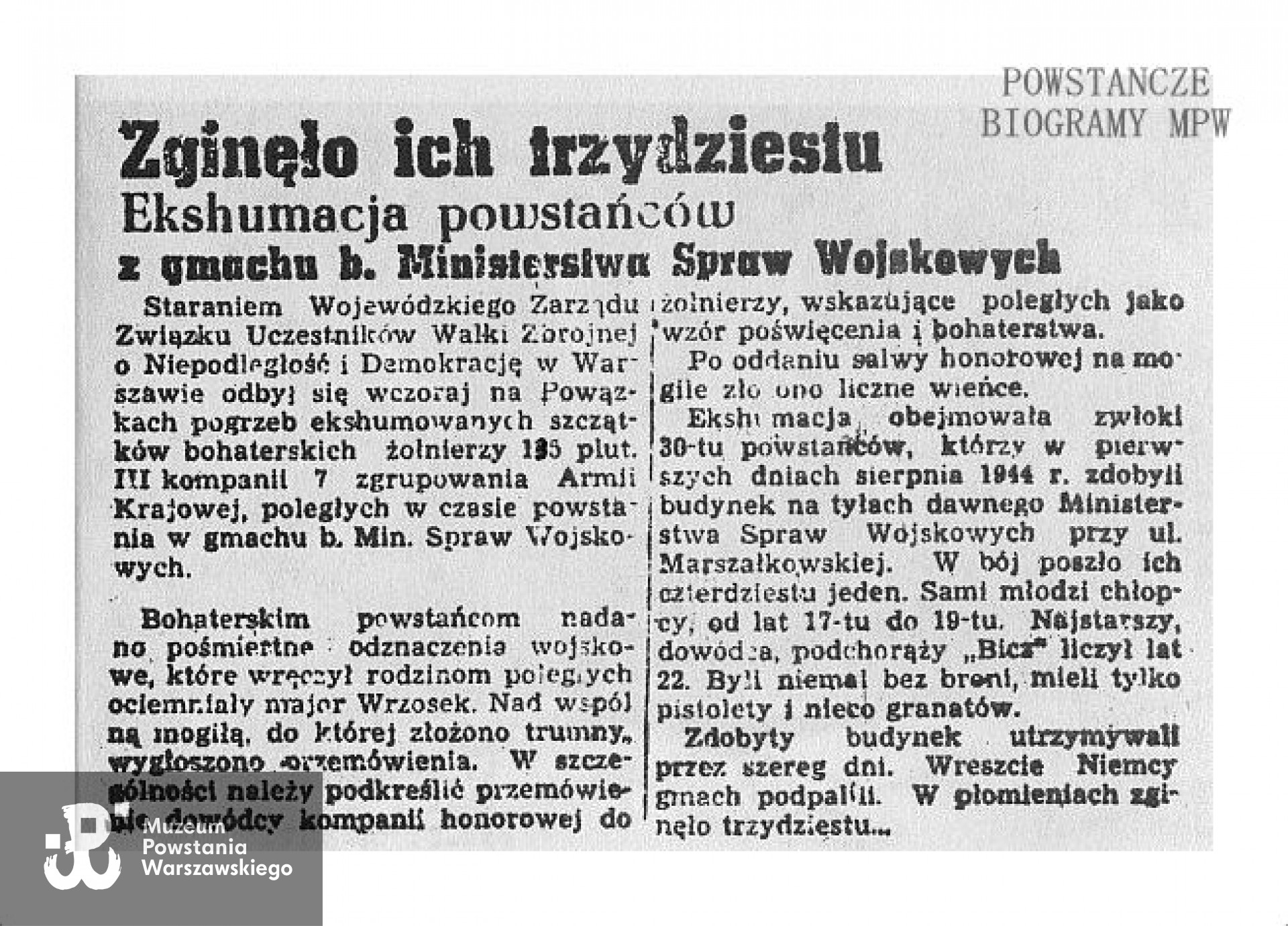 Notatka prasowa z "Życia Warszawy" nr 344 z dnia 15 XII 1946 r. dotycząca pogrzebu żołnierzy 135 plutonu. Fot. archiwum rodzinne