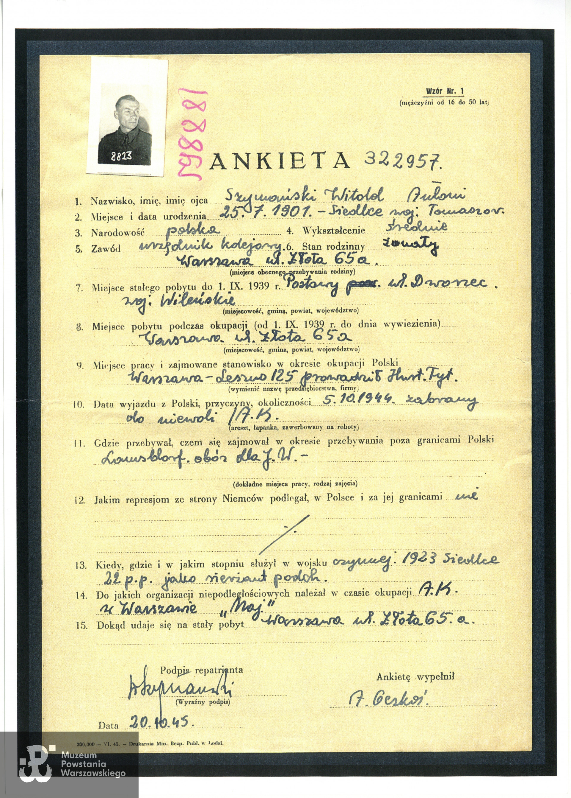 Ankieta repatrianta, dokument z dn. 20.10.1945. Kopię udostępnił p. Robert Szymański.