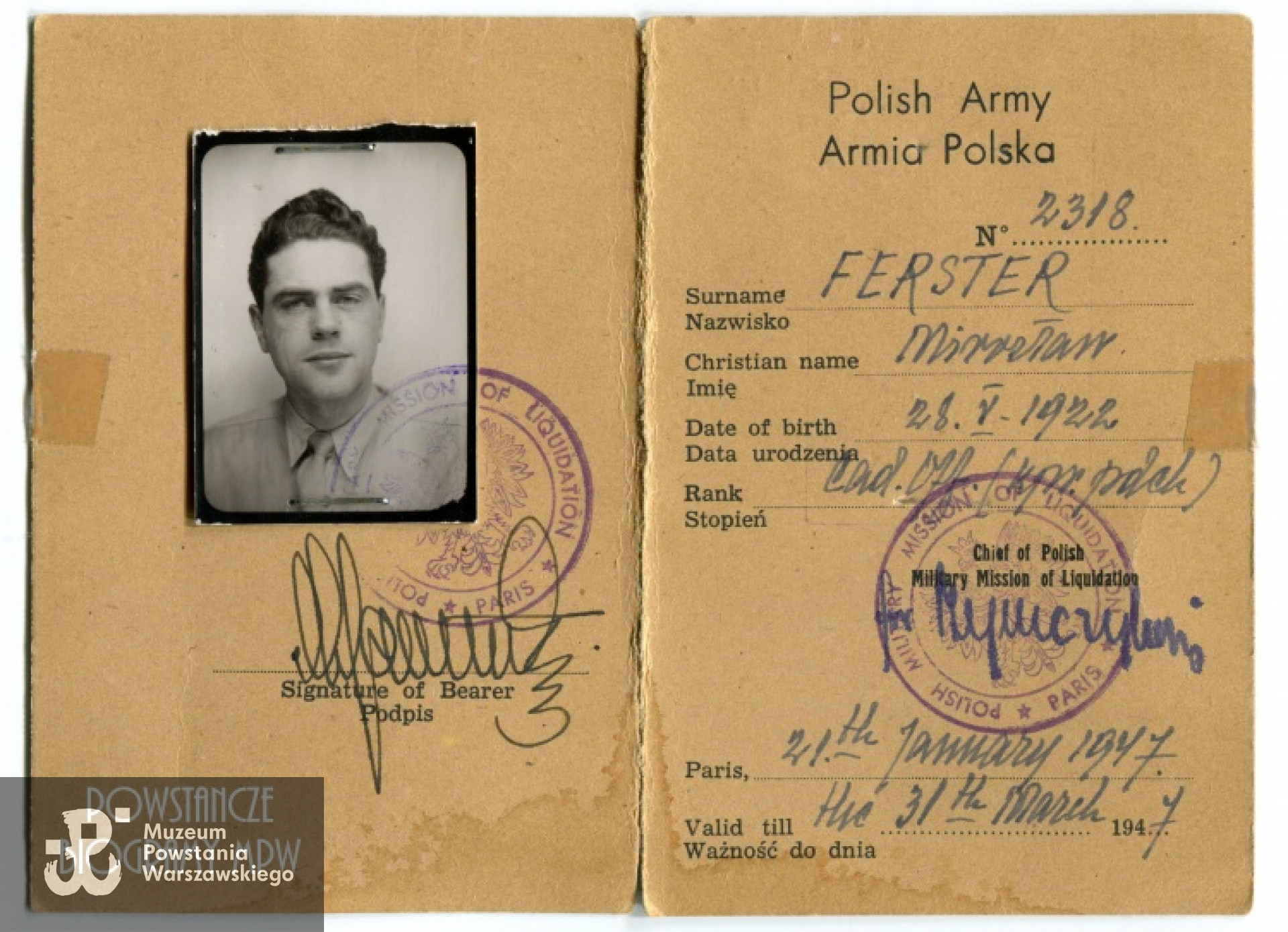 Legitymacja Armii Polskiej wystawiona w 1947 r. na nazwisko "Mirosław Ferster". Ze zbiorów rodzinnych