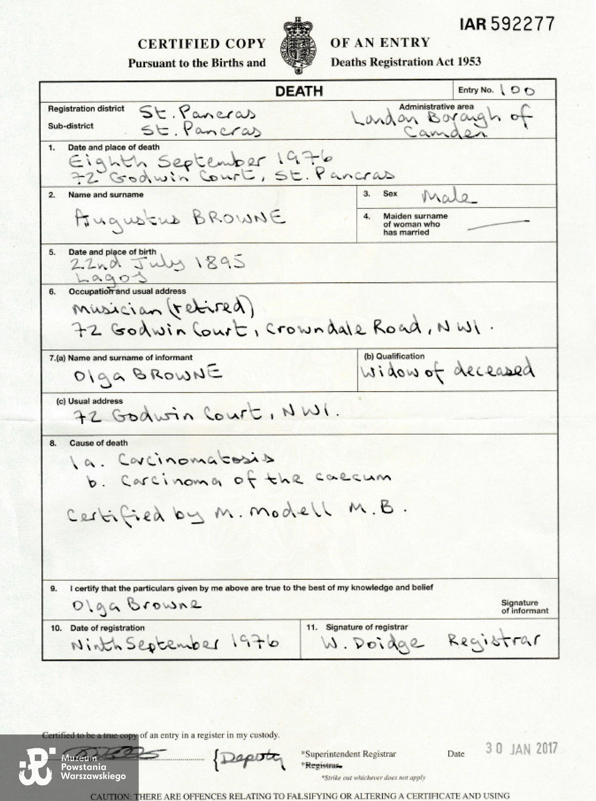 Kopia aktu zgonu   Augusta Agboli O'Brown'a  "Ali". Skan aktu zgonu udostępniła p. Beata Brown-Łuczak