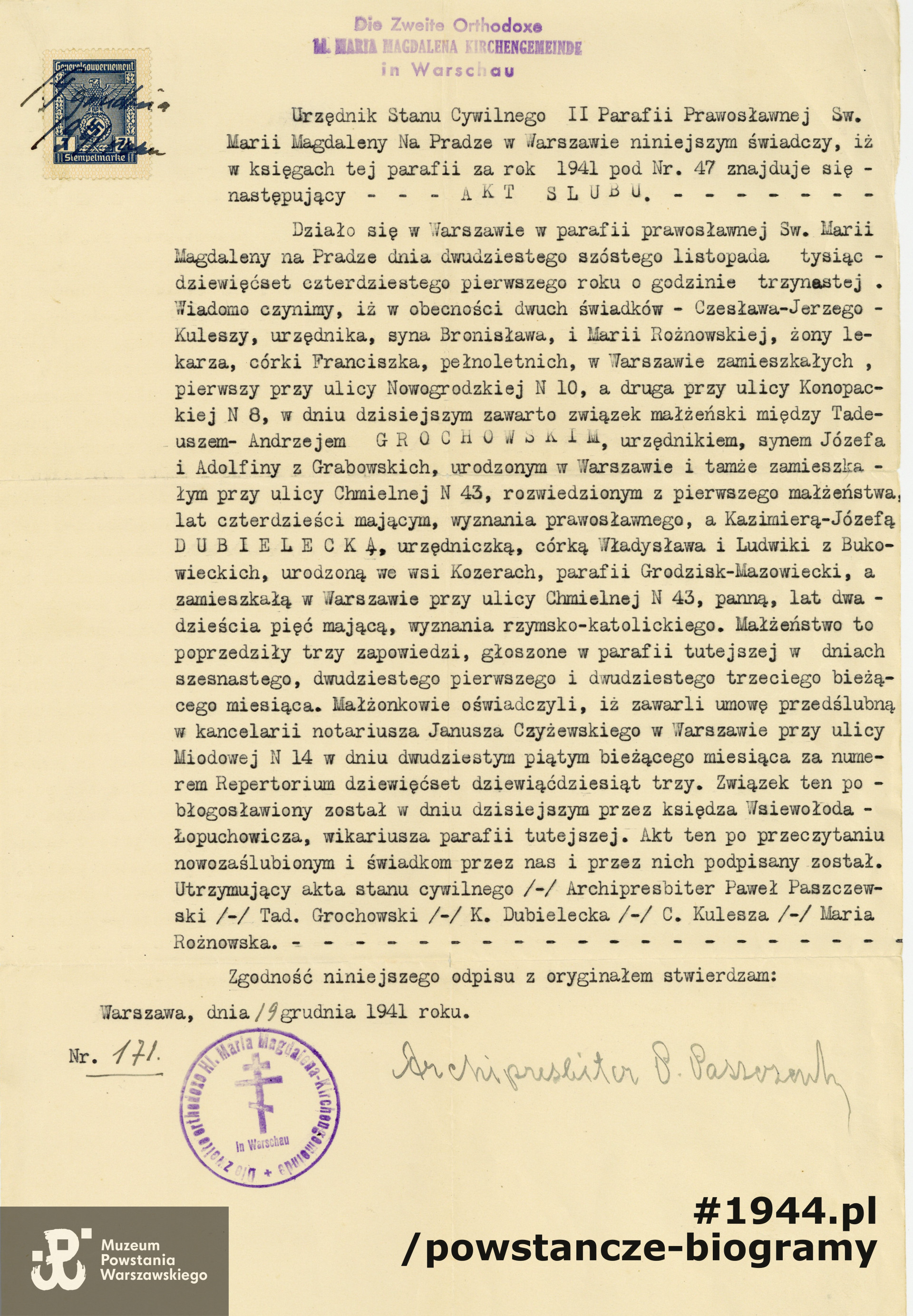 Odpis aktu ślubu Tadeusza Grochowskiego z Kazimierą Dubielecką, wydany 9 grudnia 1941 r. Dokument ze zbiorów Muzeum Powstania Warszawskiego, sygn.  P/7130/10