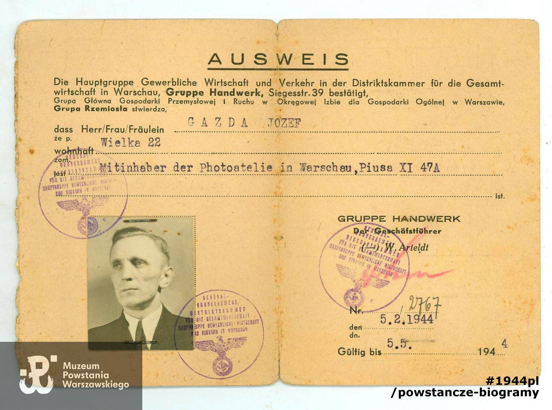 Ausweis.  Ze zbiorów rodzinnych. Skan: materiały do Słownika Uczestników PW/Pokój Kombatanta