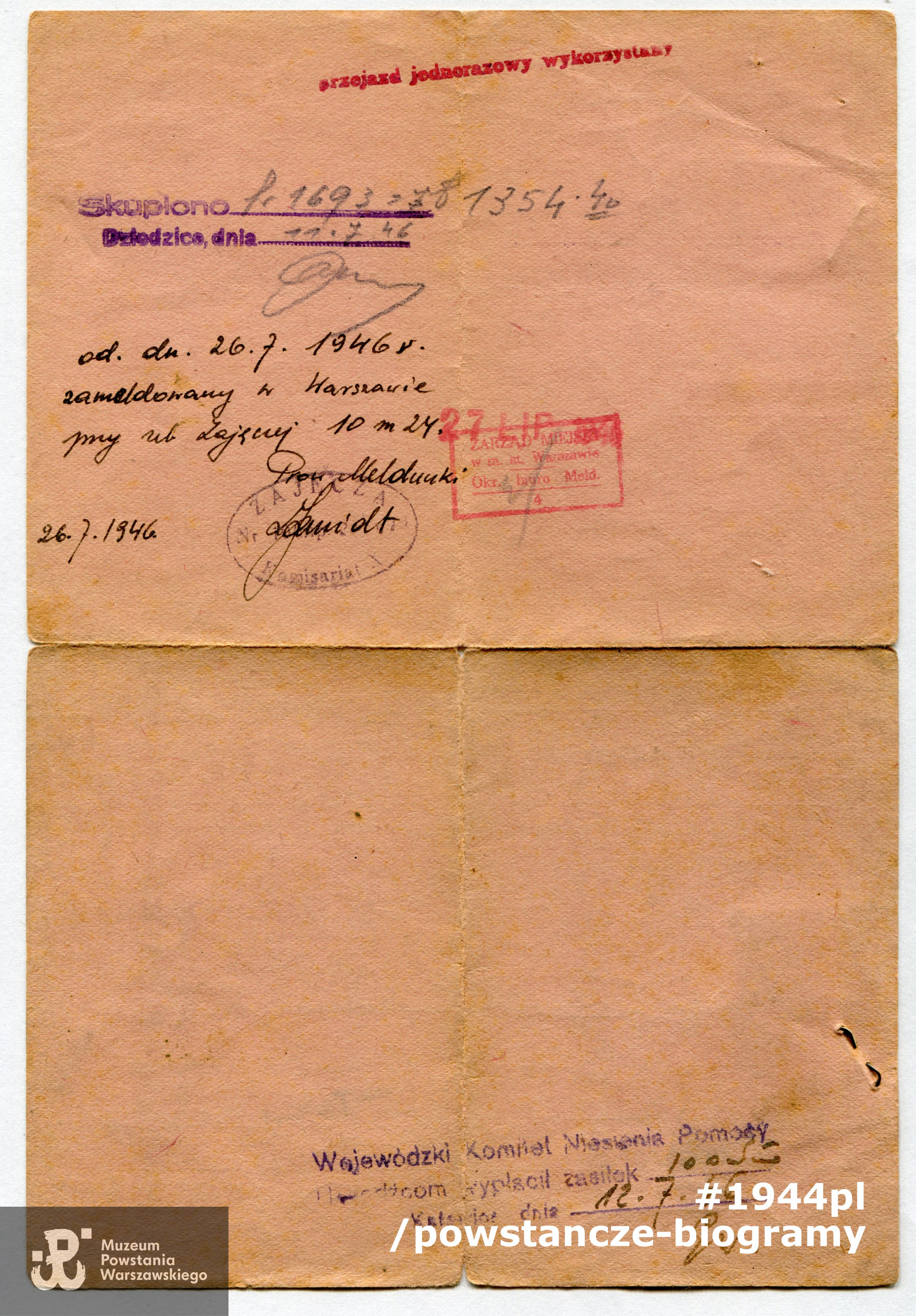 Zaświadczenie Państwowego Urzędu Repatriacyjnego.   Z archiwum rodzinnego p. Marka Sznage