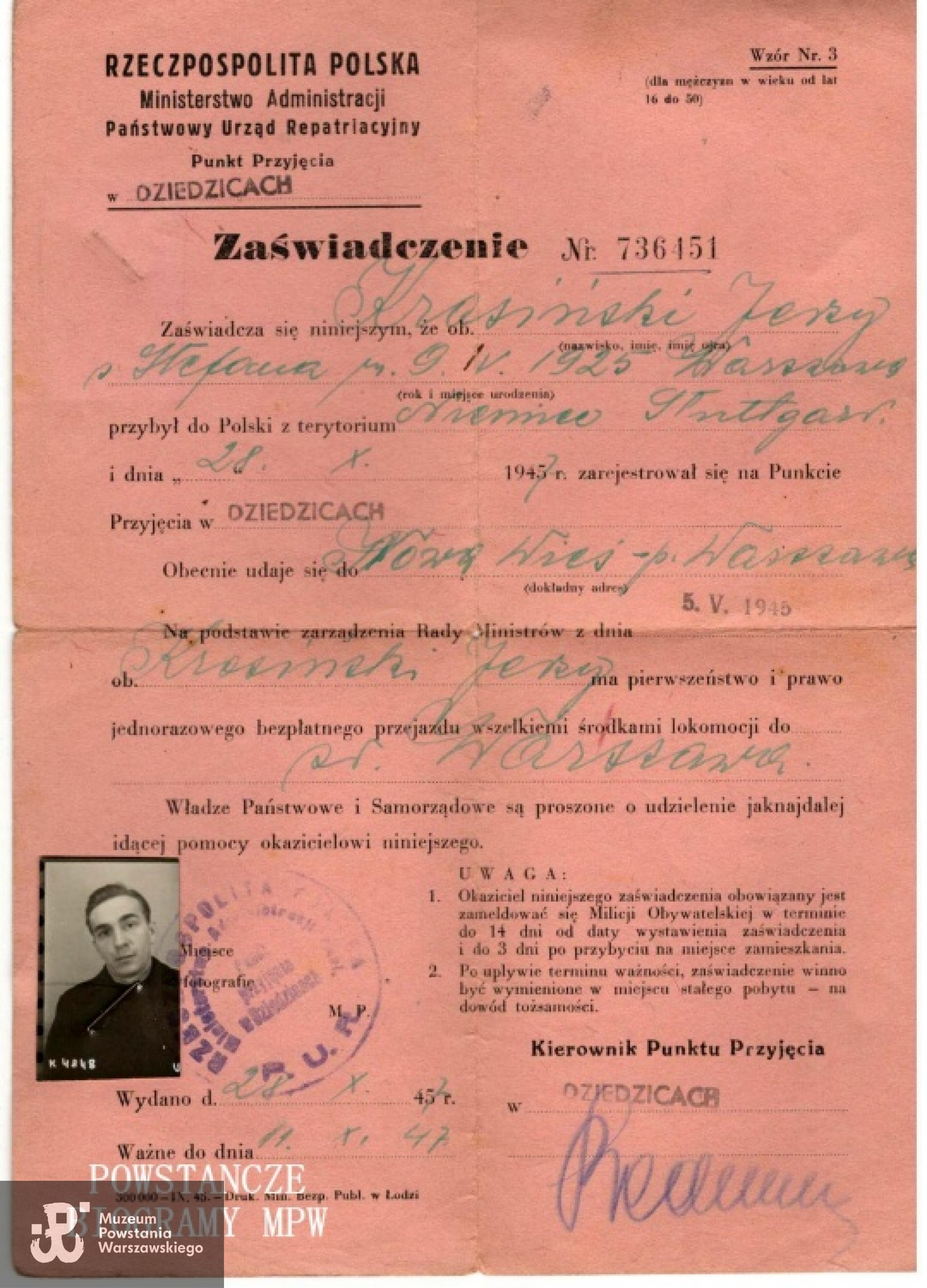 Zaświadczenie repatriacyjne. Z archiwum rodzinnego p. Wiesławy Krasińskiej