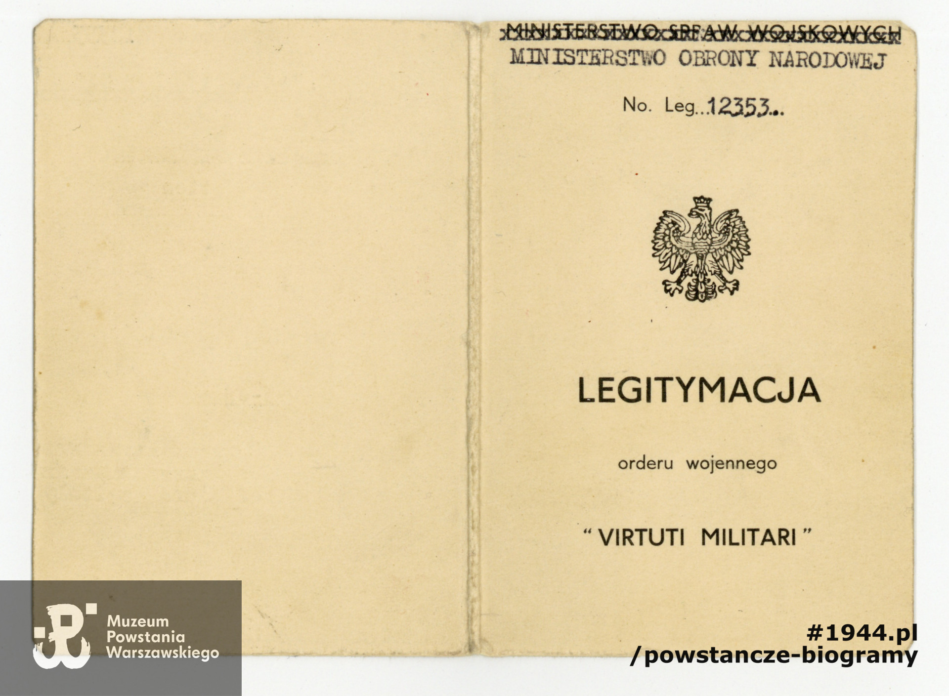 Legitymacja Orderu Wojennego Virtuti Militari. Z archiwum rodzinnego p. Joanny Brejnak, córki Ottona Wiszniewskiego