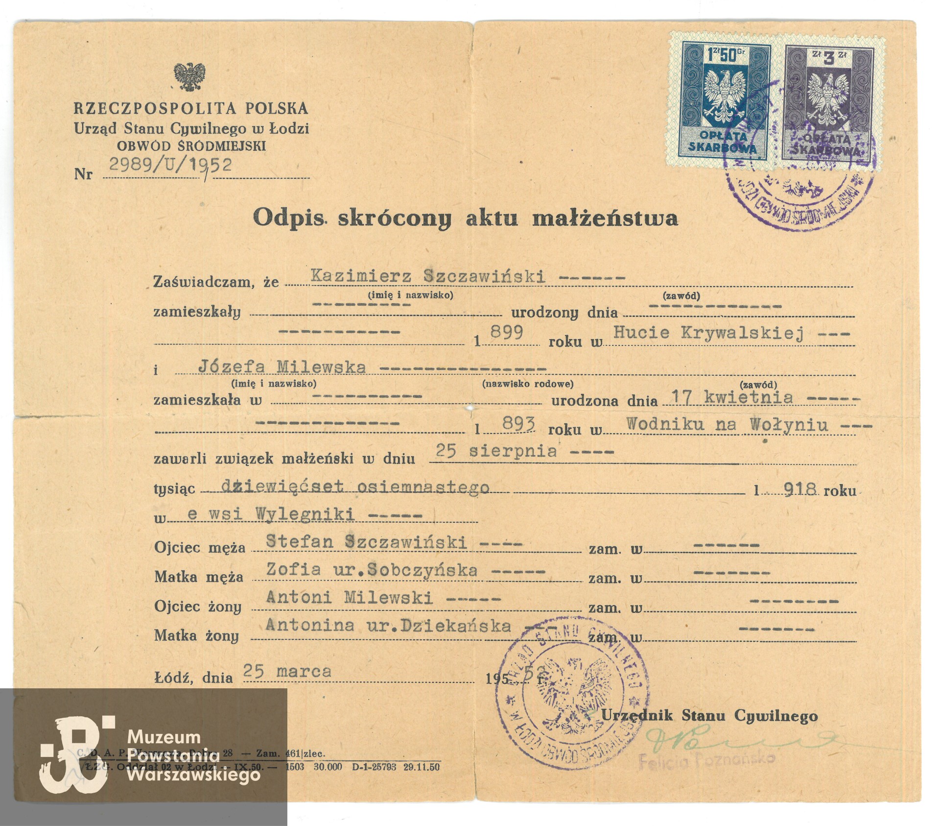 Odpis skrócony aktu małżeństwa. Ze zbiorów rodzinnych, udostępniła p. Kinga Szczawińska-Janicka, prawnuczka Powstańca.