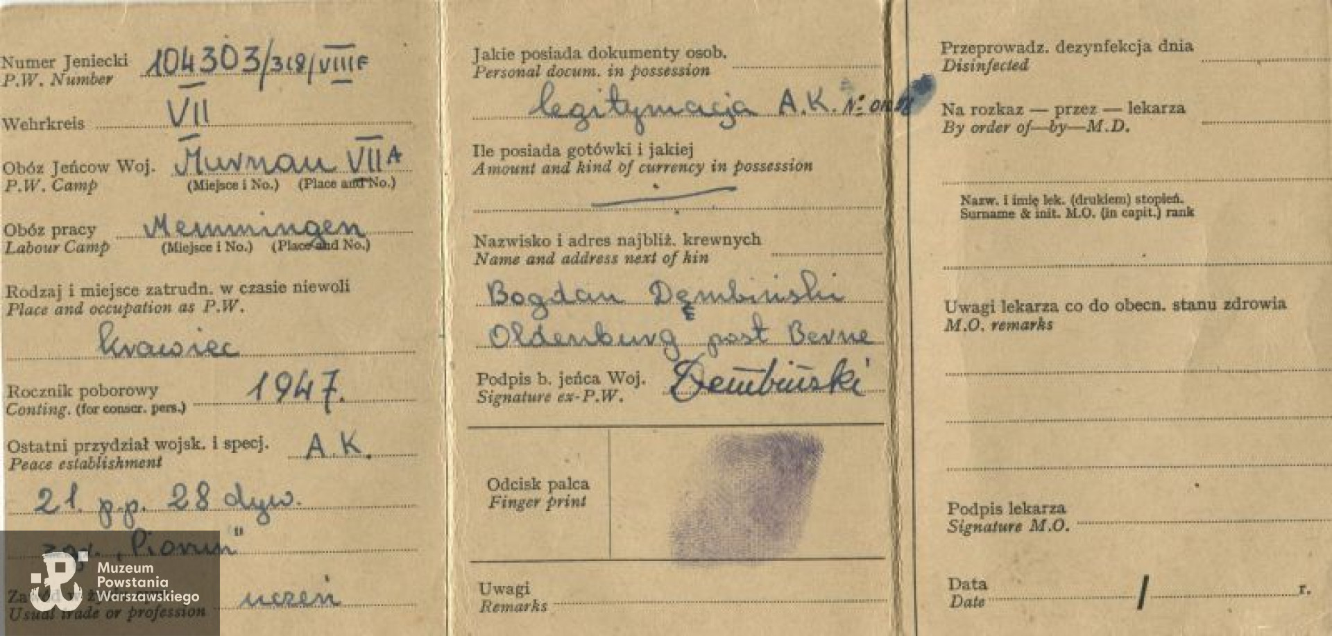 Należąca do Aureliusza Zenona Dembińskiego legitymacja b. jeńca wojennego nr 1188. Ze zbiorów Muzeum Powstania Warszawskiego, sygn. MPW-A-3699 