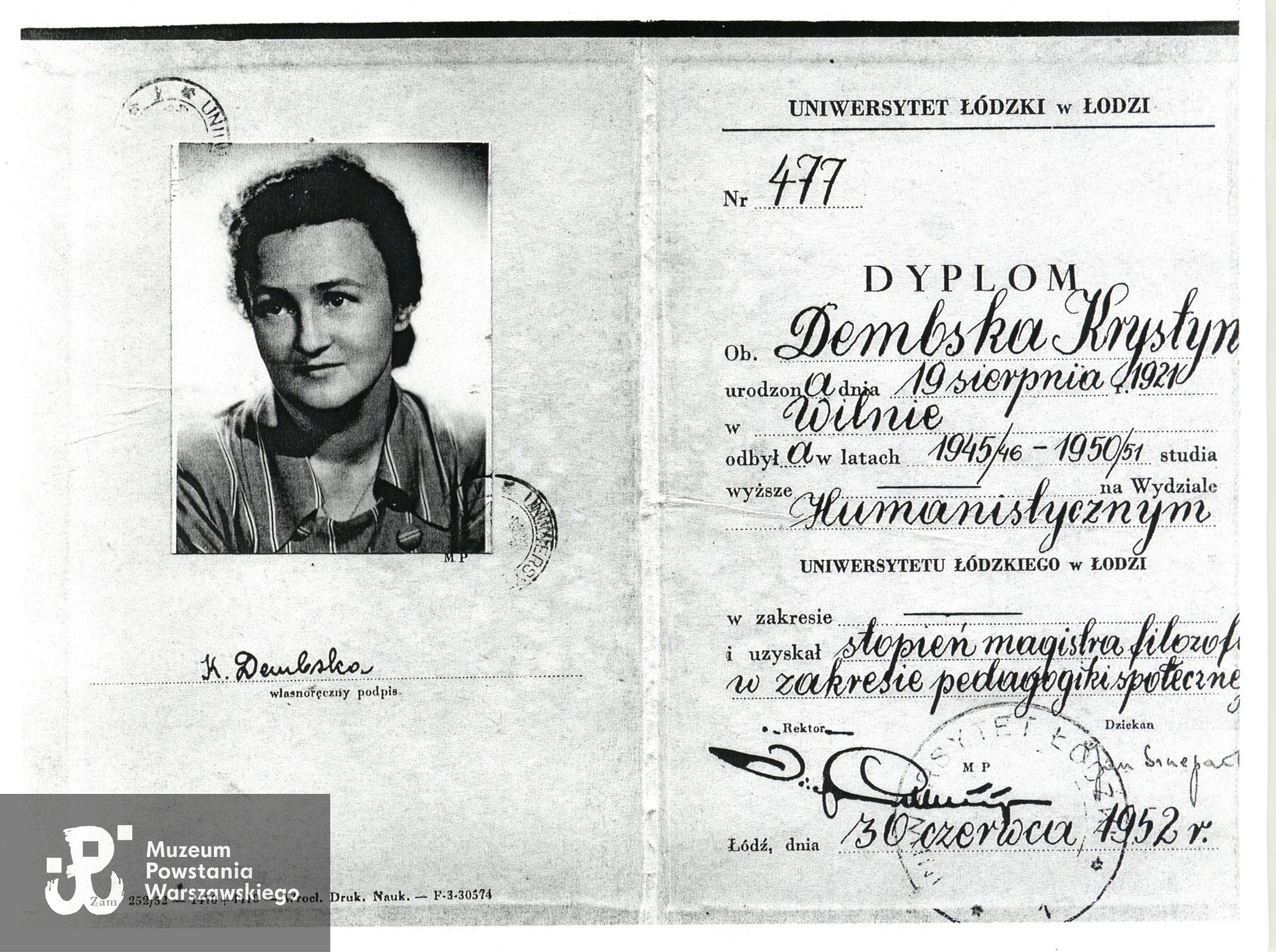 Muzeum Powstania Warszawskiego, Teczki personalne uczestników Powstania Warszawskiego: Dembska Krystyna Wanda