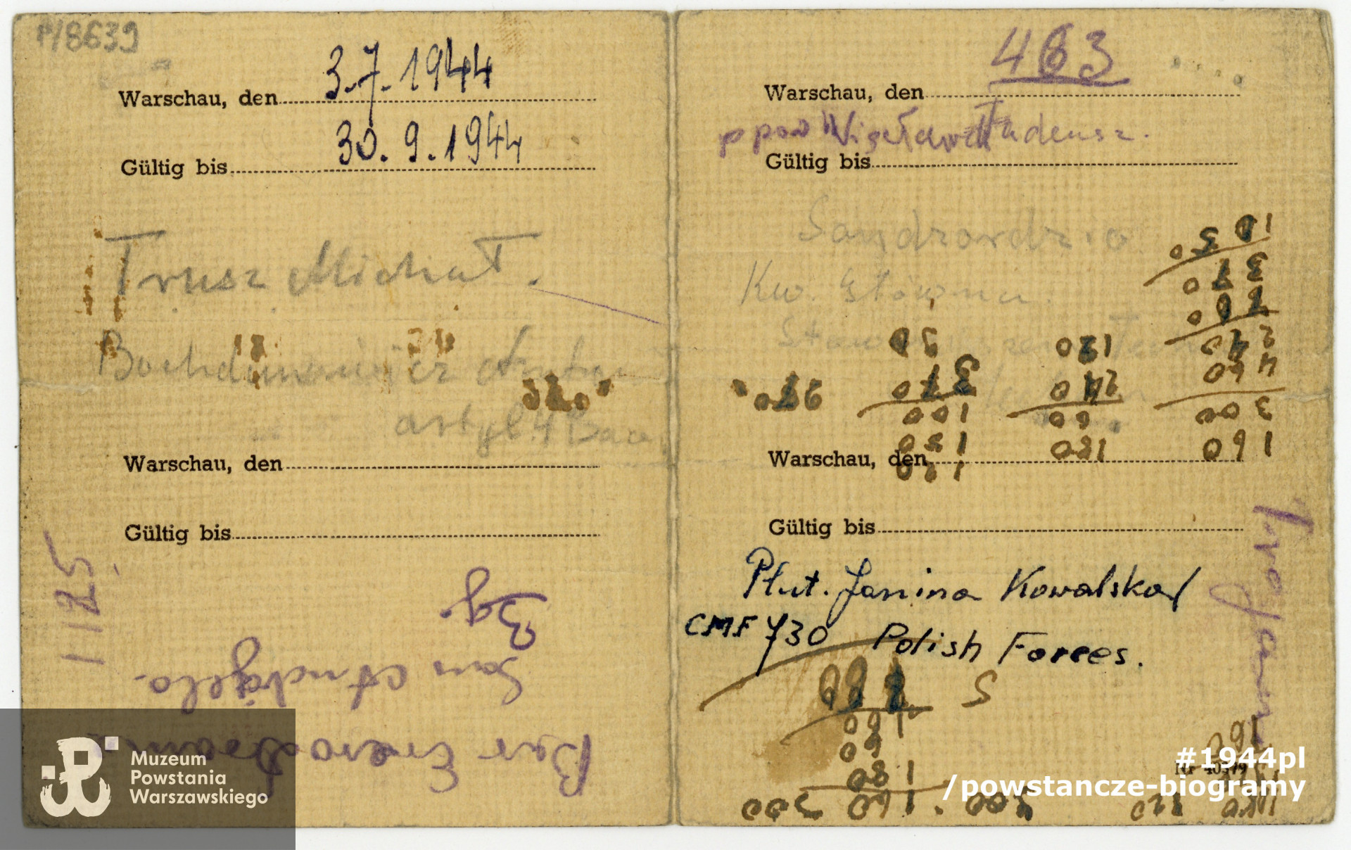 Ausweis z dn. 04.01.1944 wystawiony  na nazwisko Zbigniew Więcławek, na dokumencie widoczne zapiski, nazwiska  i adresy z okresu po Powstaniu Warszawskim. Ze zbiorów Muzeum Powstania Warszawskiego, sygn. P/8639, dar p. Hanny Więcławek-Wassermann i p. Bożenny Więcławek - Szyszko, córek Zbigniewa Więcławka.