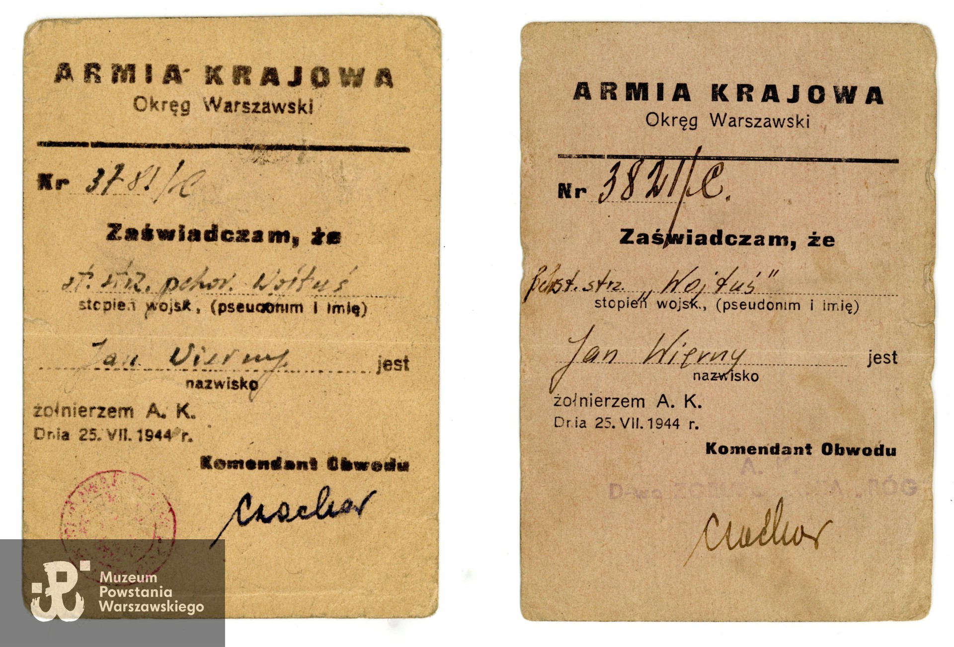 Dwie legitymacje Armii Krajowej należące do Jana Wiernego ps. Wojtuś. Ze zbiorów rodzinnych p. Joanny Lechowicz, córki Powstańca. Skany wykonano w Muzeum Powstania Warszawskiego wiosną 2025 r. 