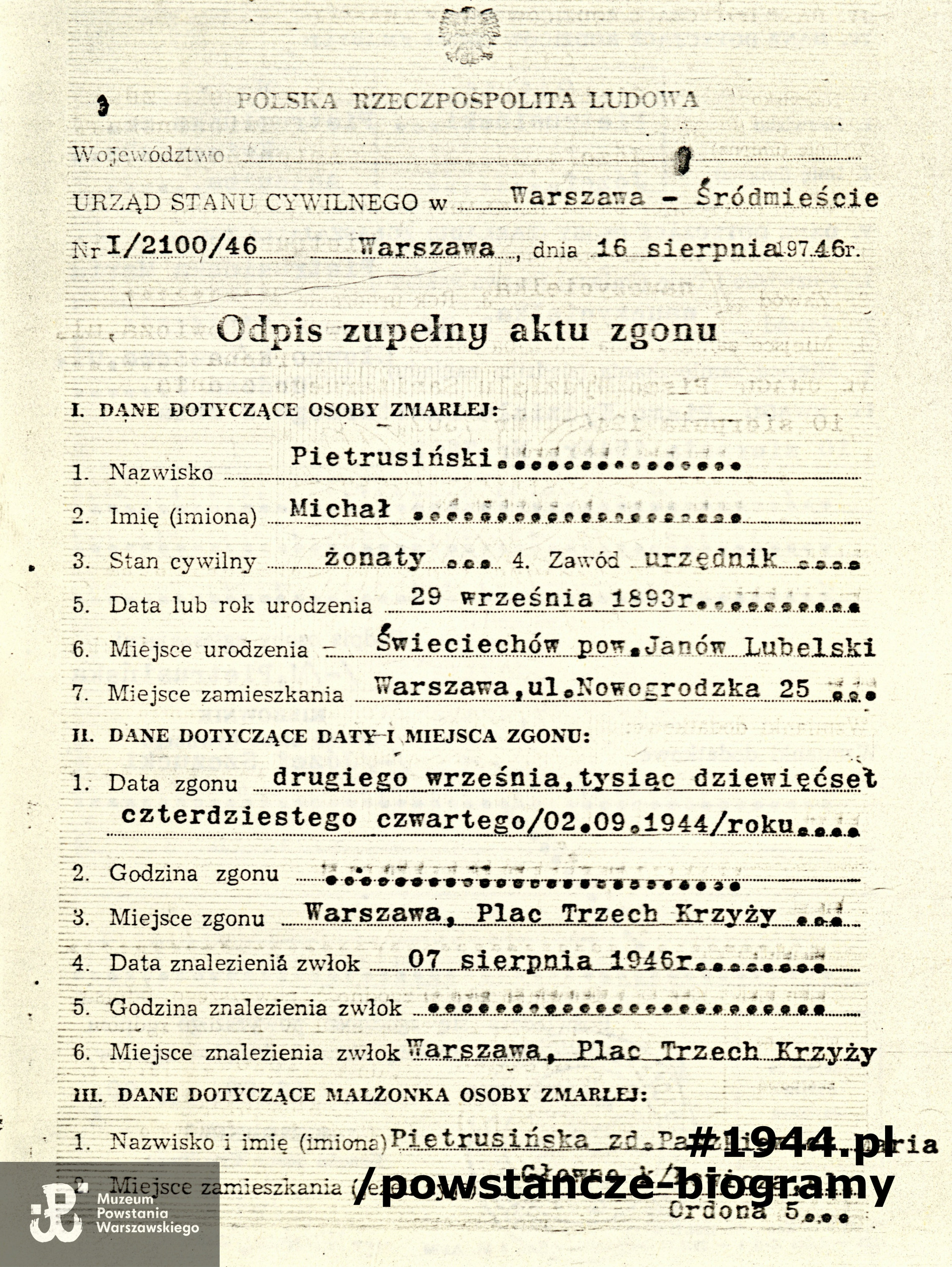 Kserokopia odpisu aktu zgonu Michała Pietrusińskiego. Ze zbiorów Muzeum Powstania Warszawskiego