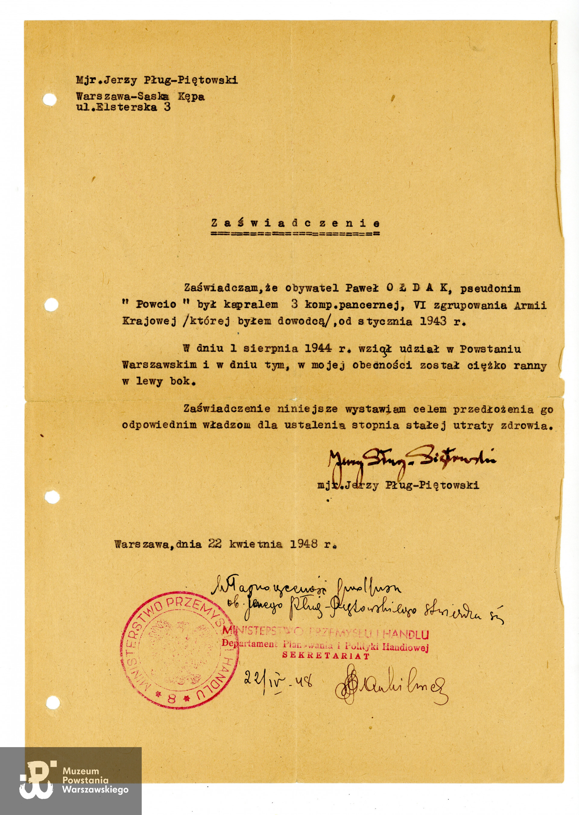 Ze zbiorów rodzinnych p.  Joanny Węgrzynek z domu Ołdak, córki Powstańca. Skany wykonano w Muzeum Powstania Warszawskiego, 05/2023.