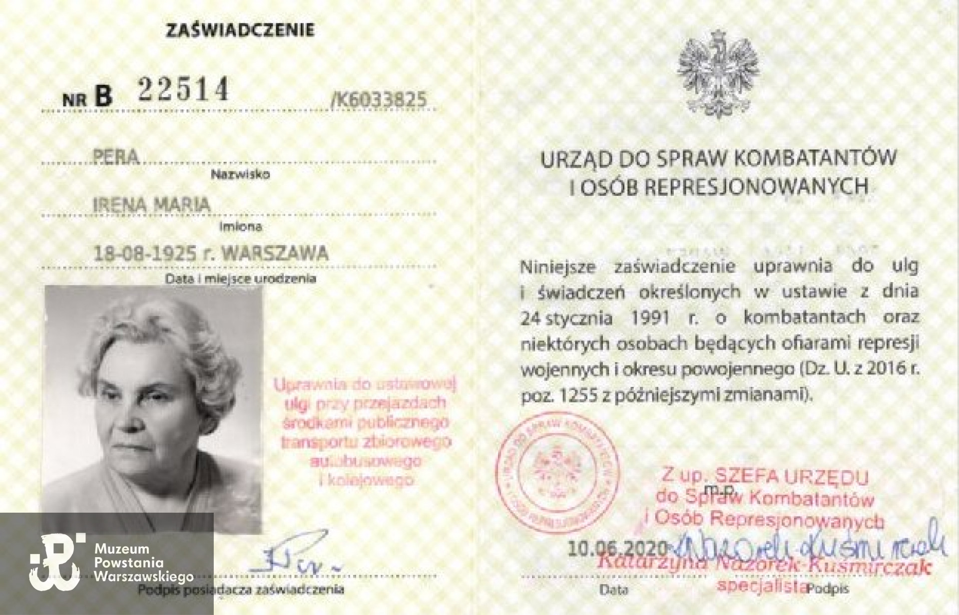 Muzeum Powstania Warszawskiego, Teczki personalne uczestników Powstania Warszawskiego: Jędrzejewska Irena Maria, zasób Pokoju Kombatanta MPW