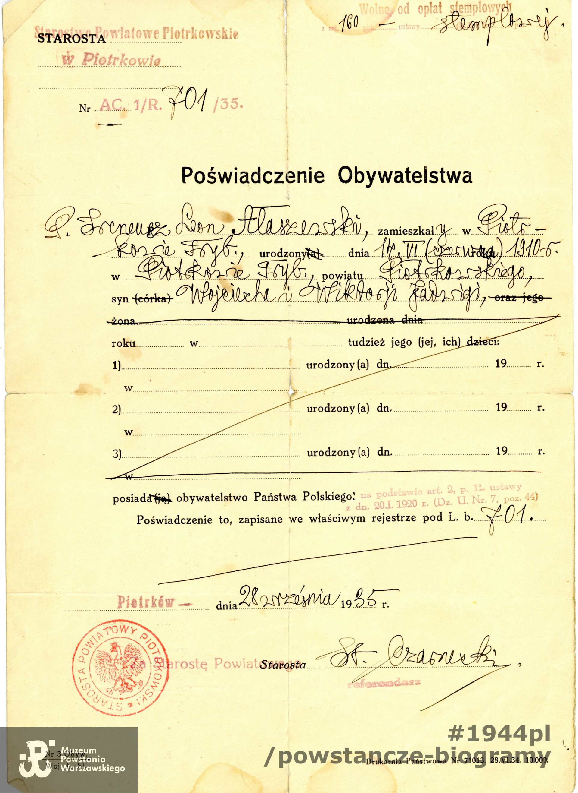 Poświadczenie obywatelstwa wydane dla Ireneusza Ałaszewskiego w 1935 roku przez Starostwo Powiatowe w Piotrkowie. Ze zbiorów rodzinnych, udostępniła p. Donata Ałaszewska