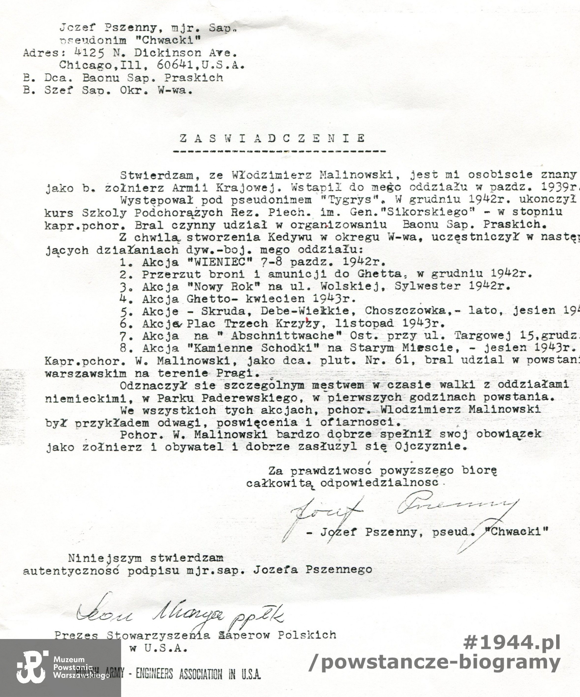 Zaświadczenie na temat przebiegu służby kpr. pchor. Włodzimierza Malinowskiego. Dokument podpisany przez mjr. sap. Józefa Pszennego ps. „Chwacki”. Dokument z archiwum rodzinnego