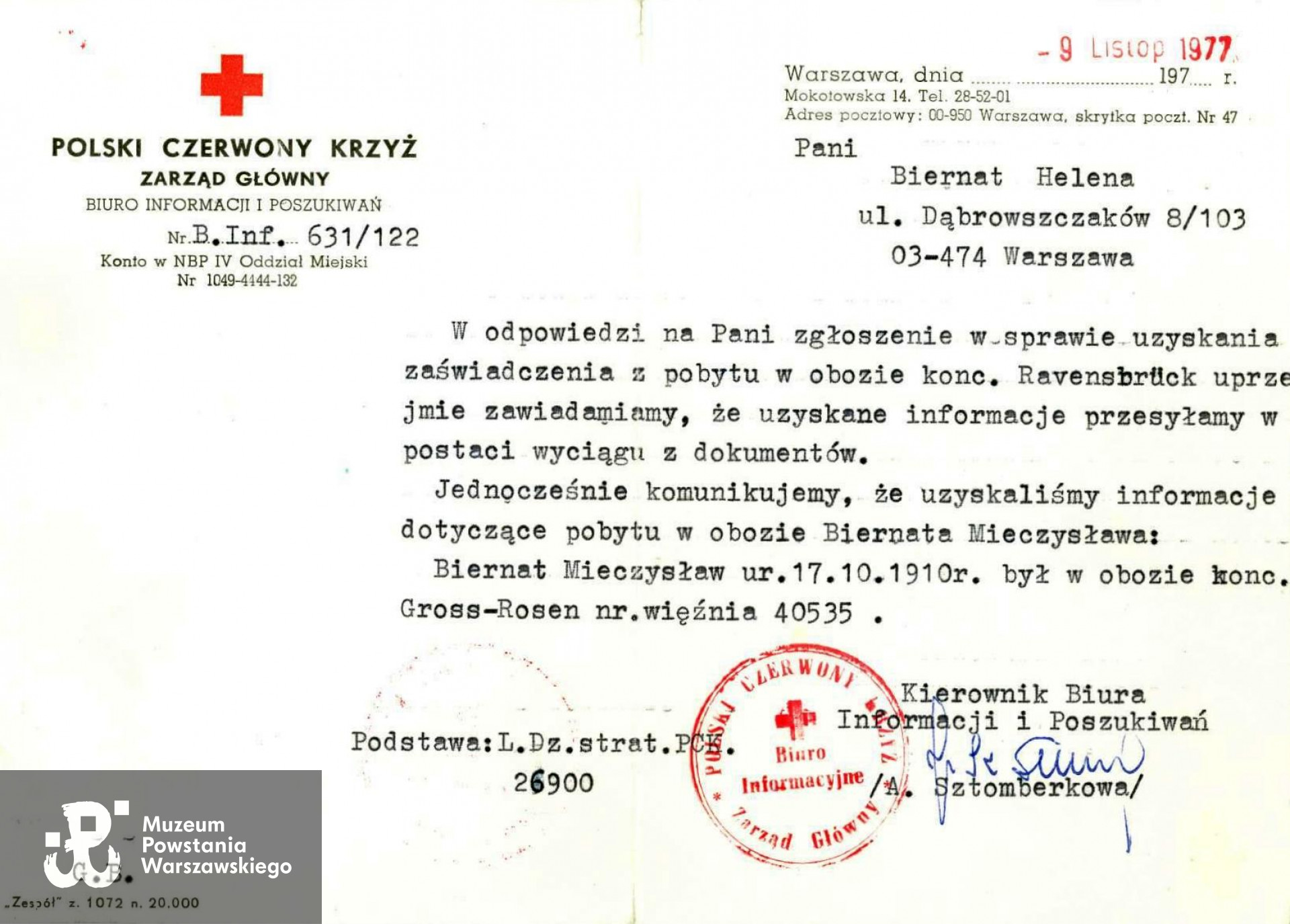 Pismo Polskiego Czerwonego Krzyża z 1977 r. do wdowy po Mieczysławie Biernacie - Heleny Biernat.  Fot. archiwum rodzinne