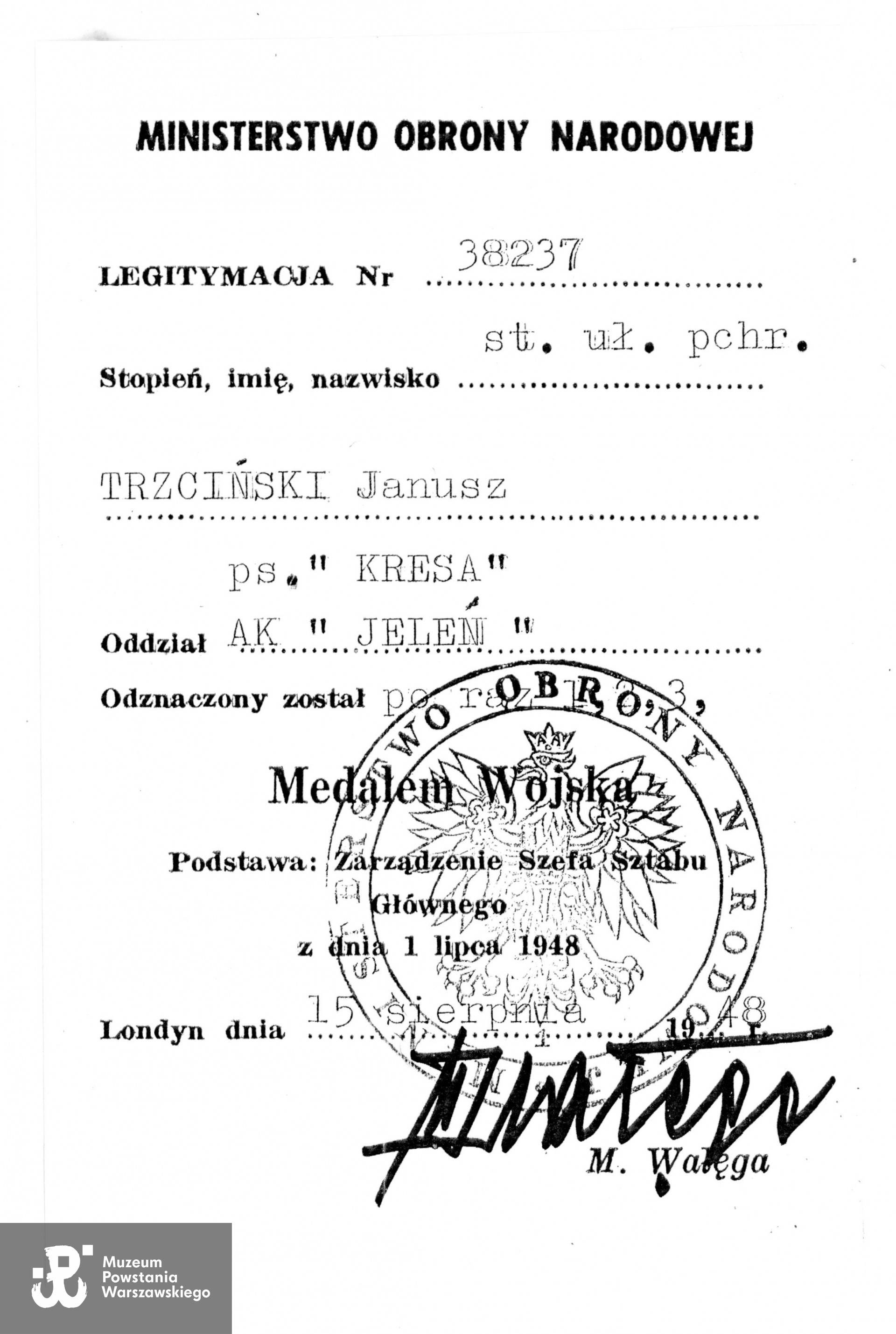 Muzeum Powstania Warszawskiego, Teczki personalne uczestników PW: Trzciński Janusz „Kresa", zbiory Pokoju Kombatanta MPW