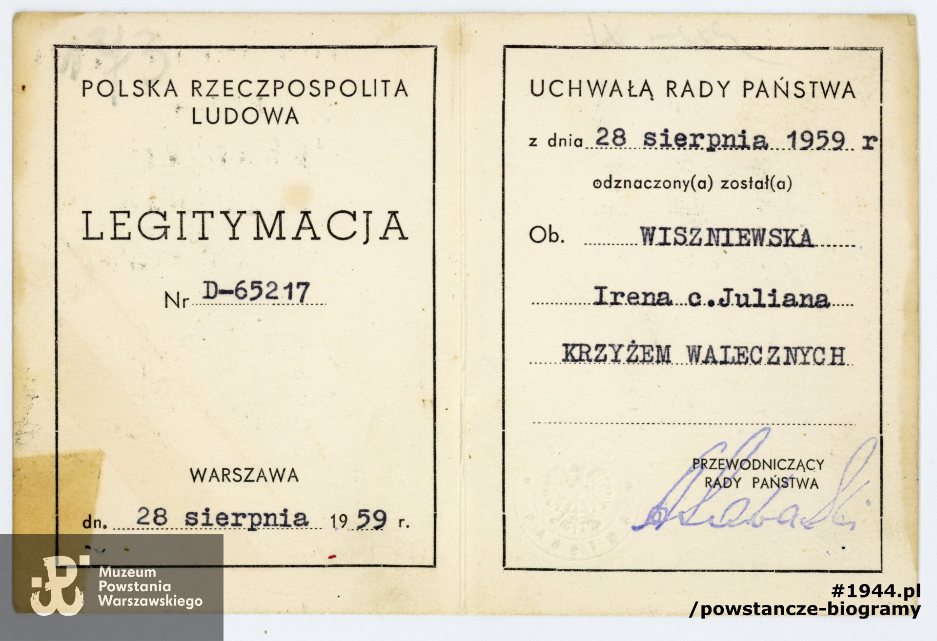 Legitymacja odznaczenia Krzyżem Walecznych. Z archiwum rodzinnego córki, p. Joanny Brejnak