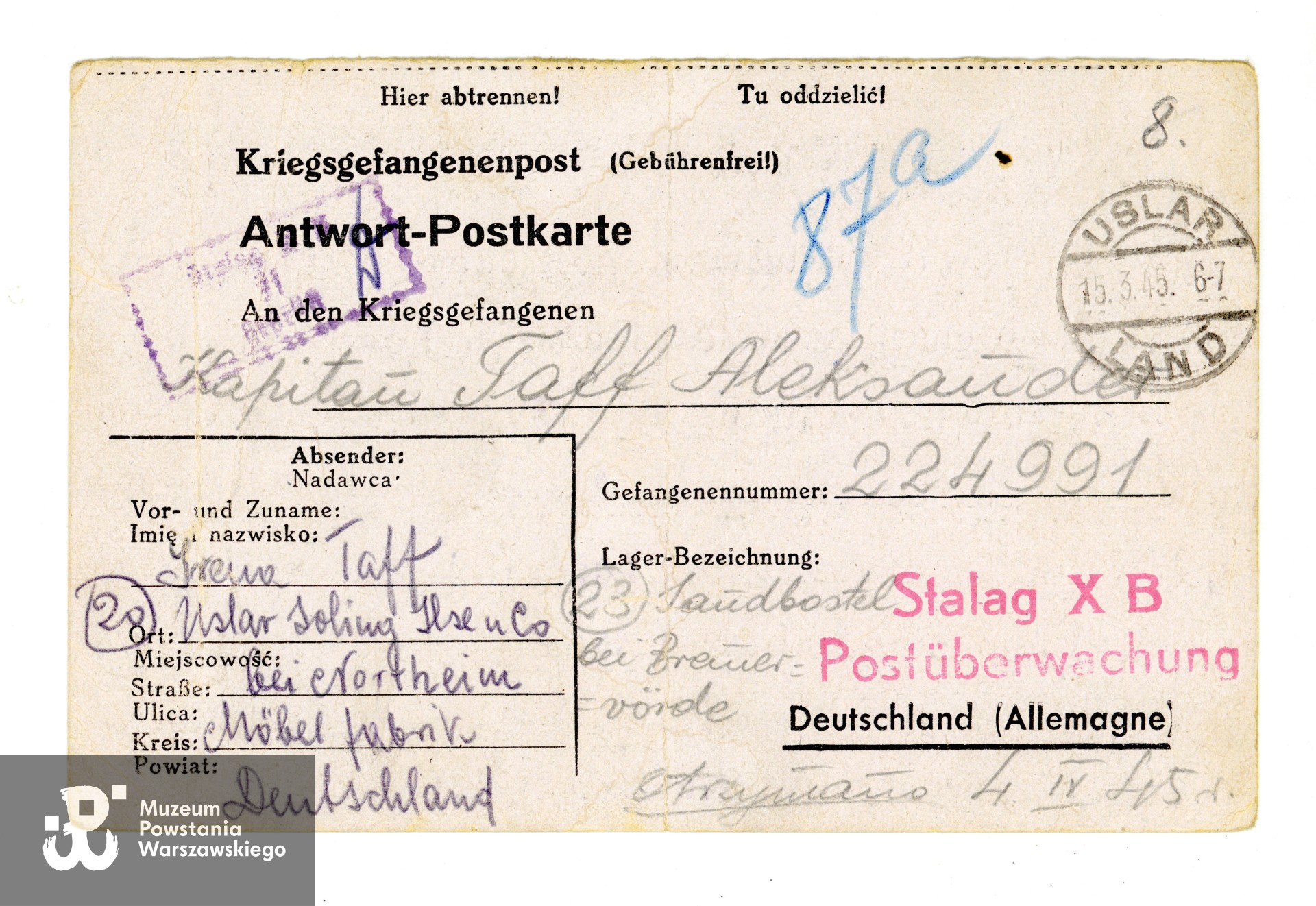 Korespondencja obozowa. Ze zbiorów rodzinnych, udostępniła wnuczka Powstańca, p. Paulina Taff. Skany wykonano w Muzeum Powstania Warszawskiego, 06/2024