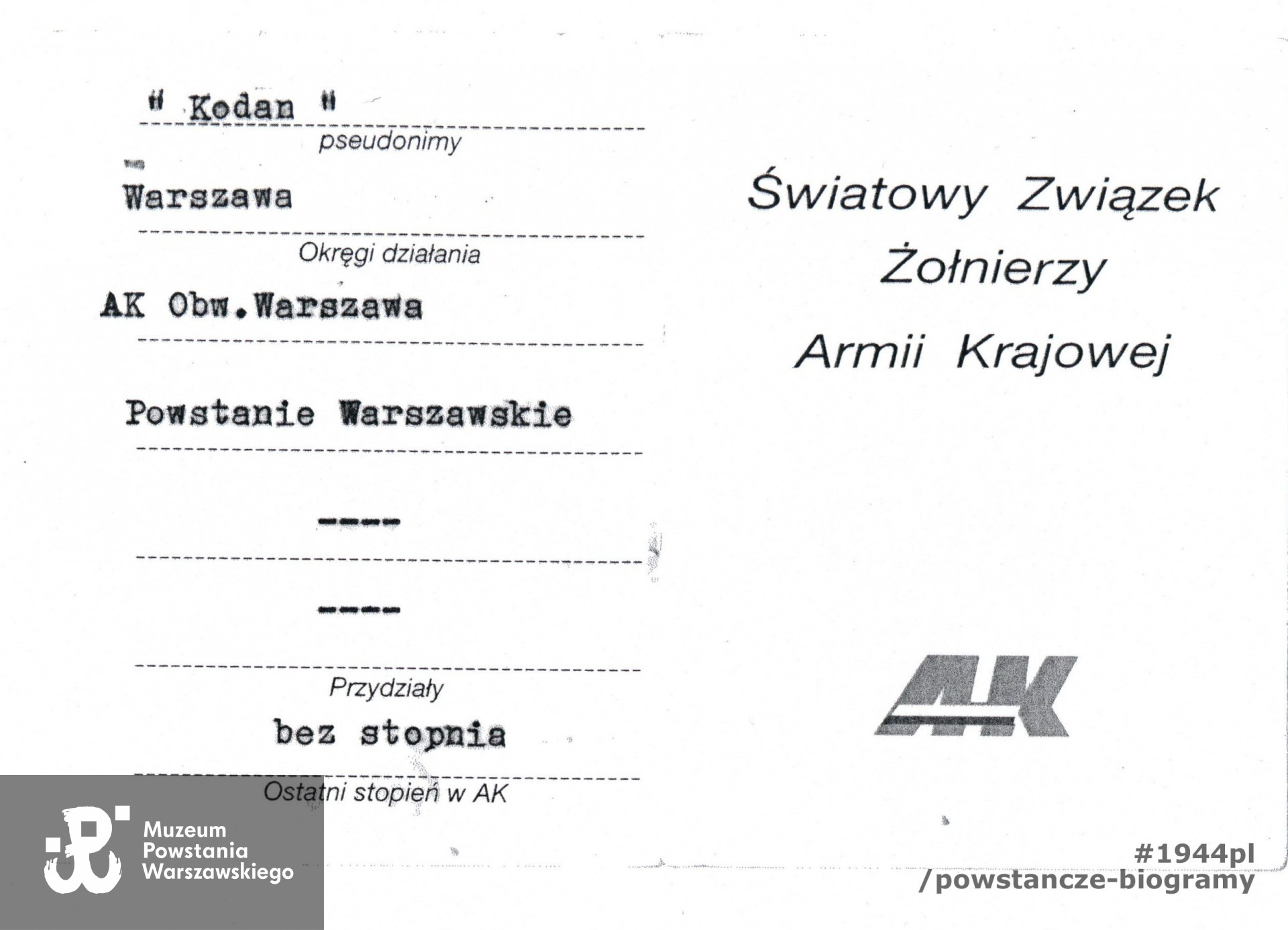 Skan: materiały do Słownika Biograficznego Uczestników Powstania gromadzone przez Pokój Kombatanta MPW