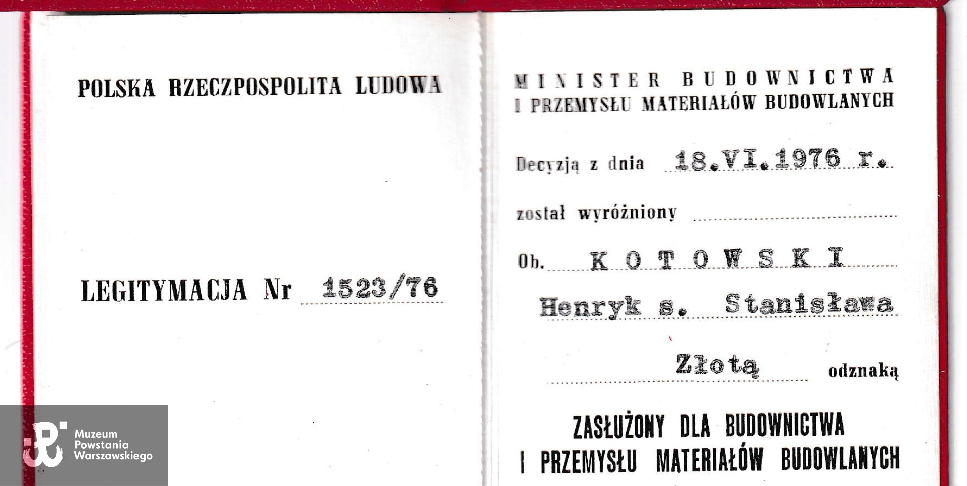 Dokument ze zbiorów p. Stanisława Kotowskiego, syna Powstańca