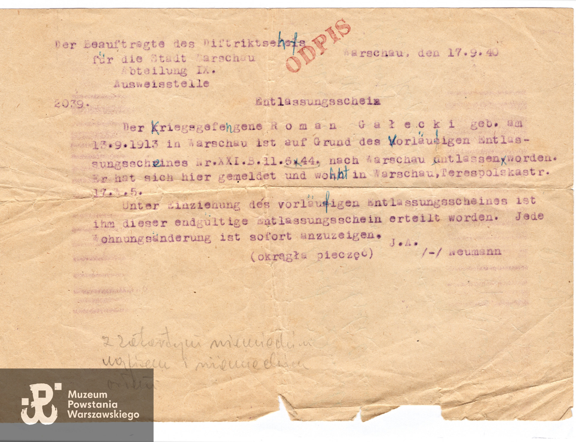 Kopia dokumentu z archiwum rodzinnego p. Danuty Szydłowskiej