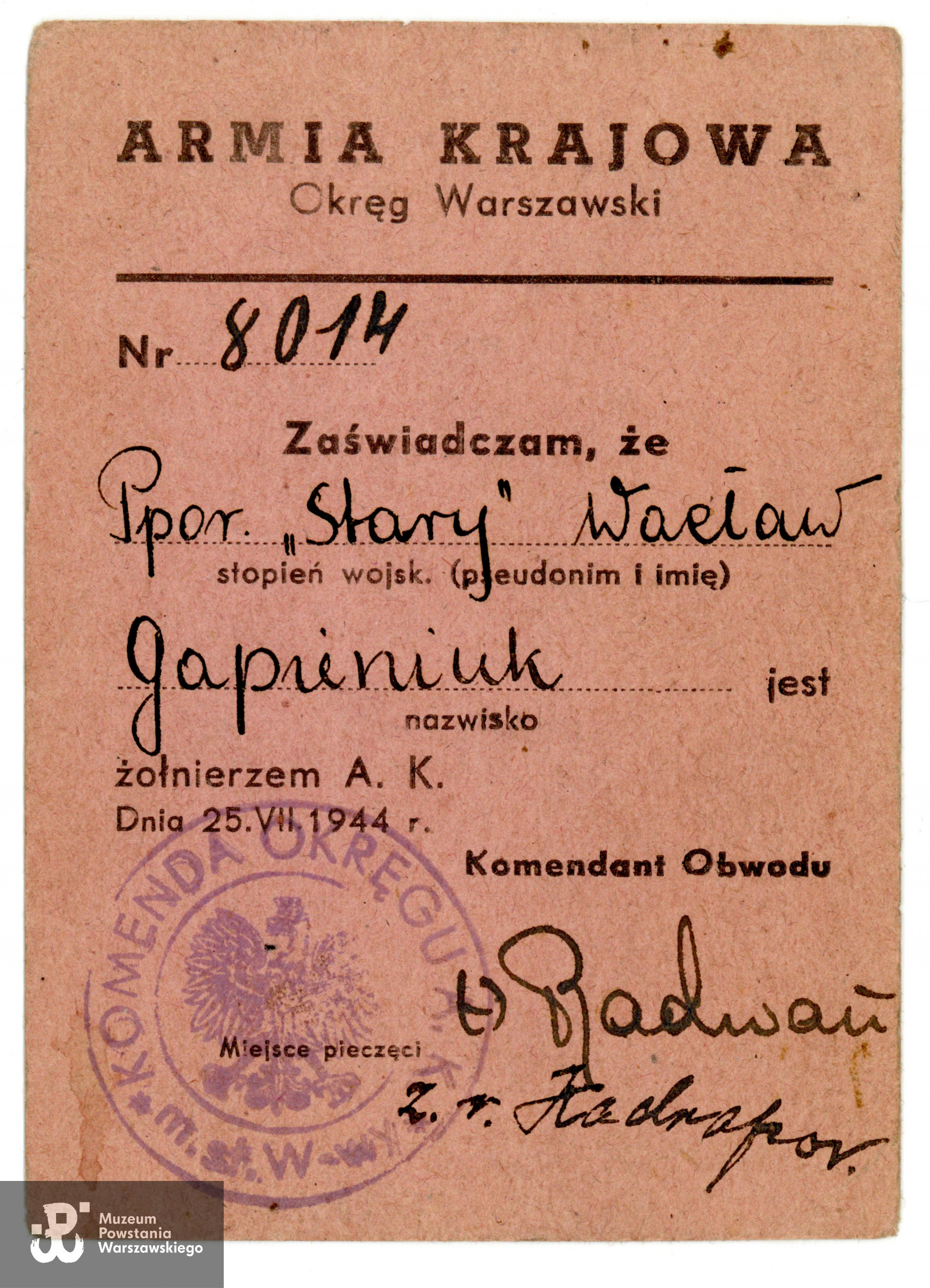 Należąca do Wacława Gapieniuka legitymacja Armii Krajowej. Ze zbiorów rodzinnych, udostępnił p. Andrzej Gapieniuk