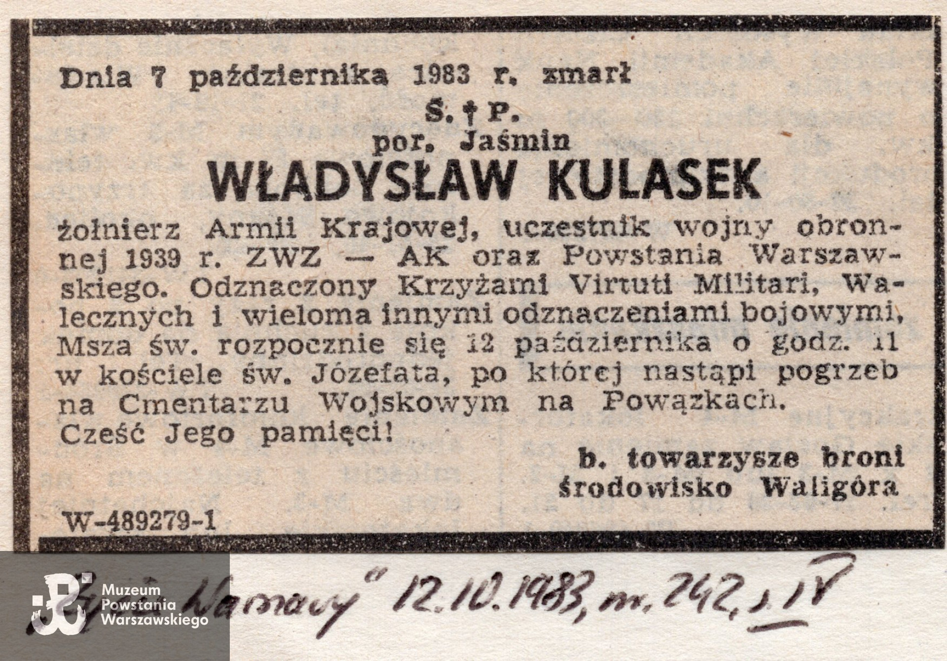 Nekrolog prasowy, Życie Warszawy, nr 242, 12.10.1983