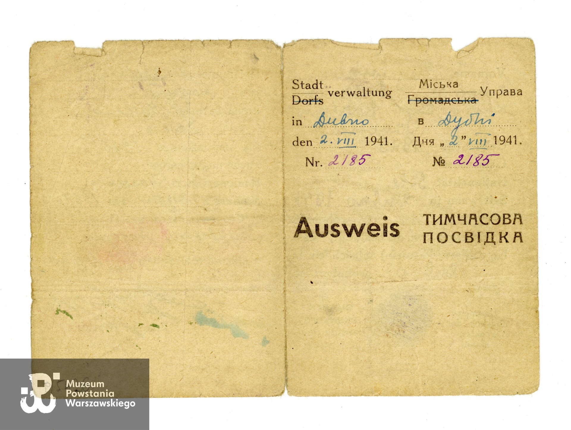 Ausweis. Dokument niemiecko - ukraiński. Ze zbiorów Muzeum Powstania Warszawskiego, sygn. P/5426