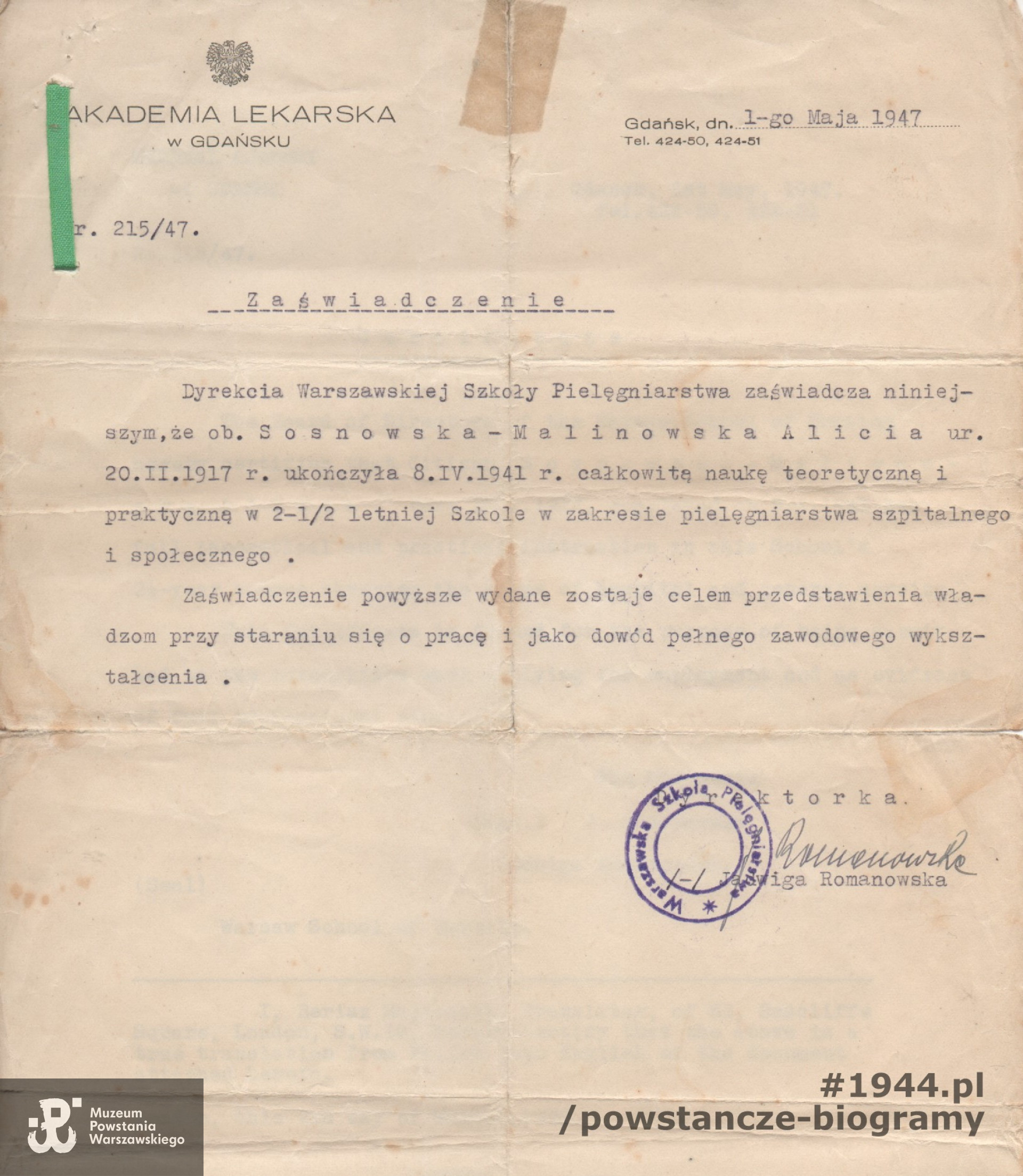 Zaświadczenie ukończenia Warszawskiej Szkoły Pielęgniarstwa. Fot. archiwum rodzinne