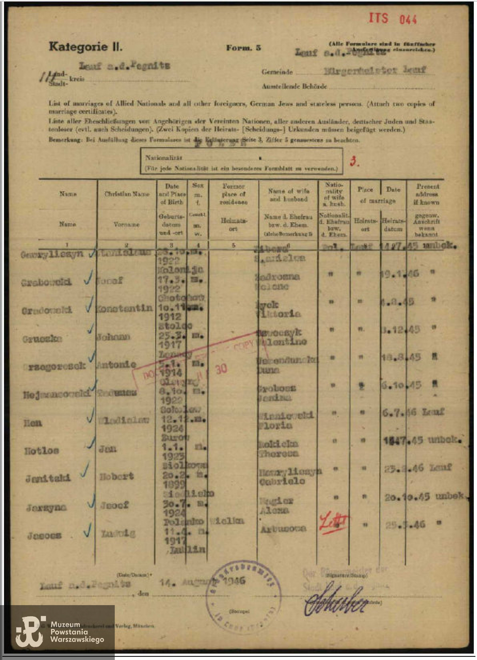 Wyciąg z listy zawartych związków małżeńskich w Lauf nad Pegnitz,  Archiwum Arolsen