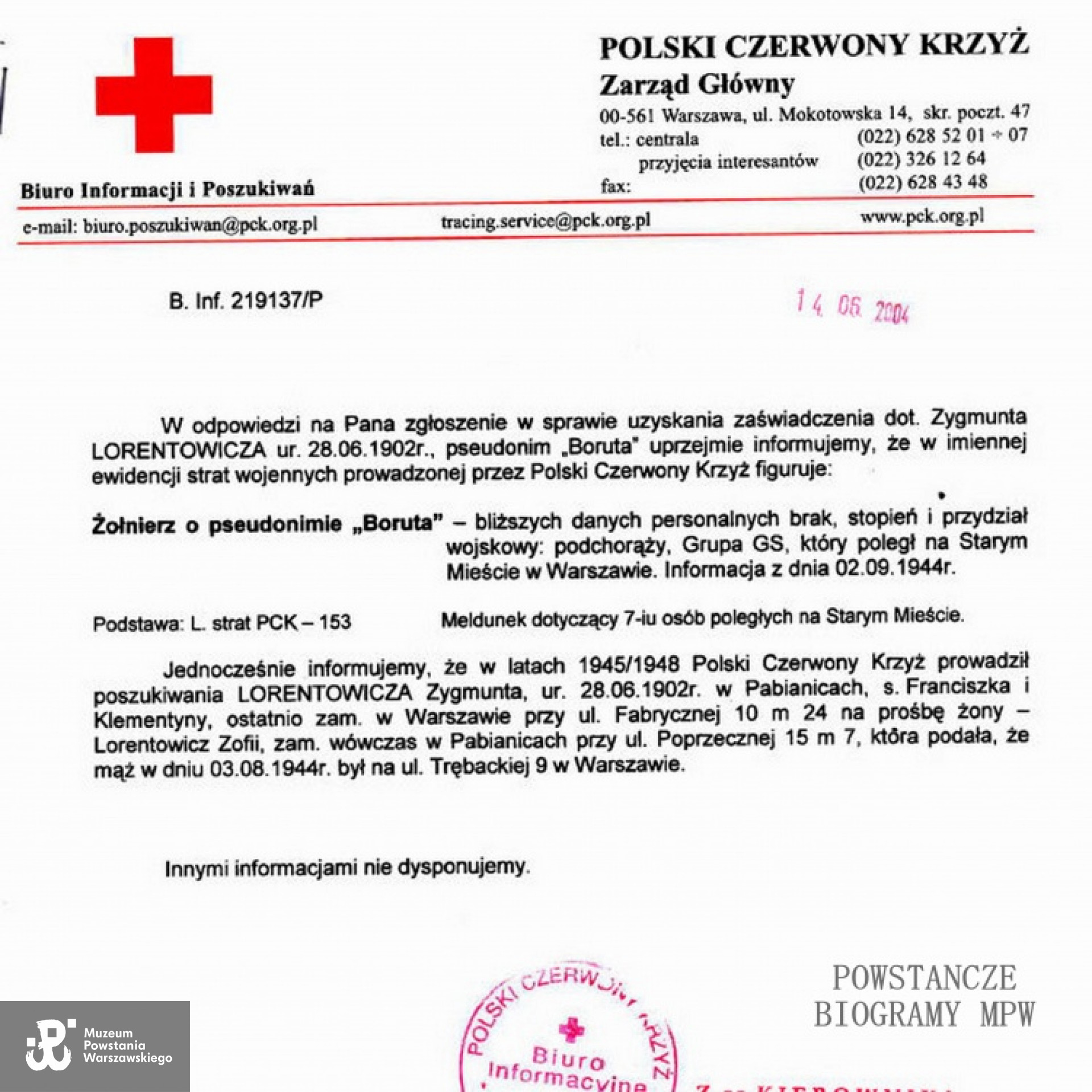Pismo Biura Informacji i Poszukiwań Polskiego Czerwonego Krzyża.  Z archiwum rodzinnego Michała Lorentowicza