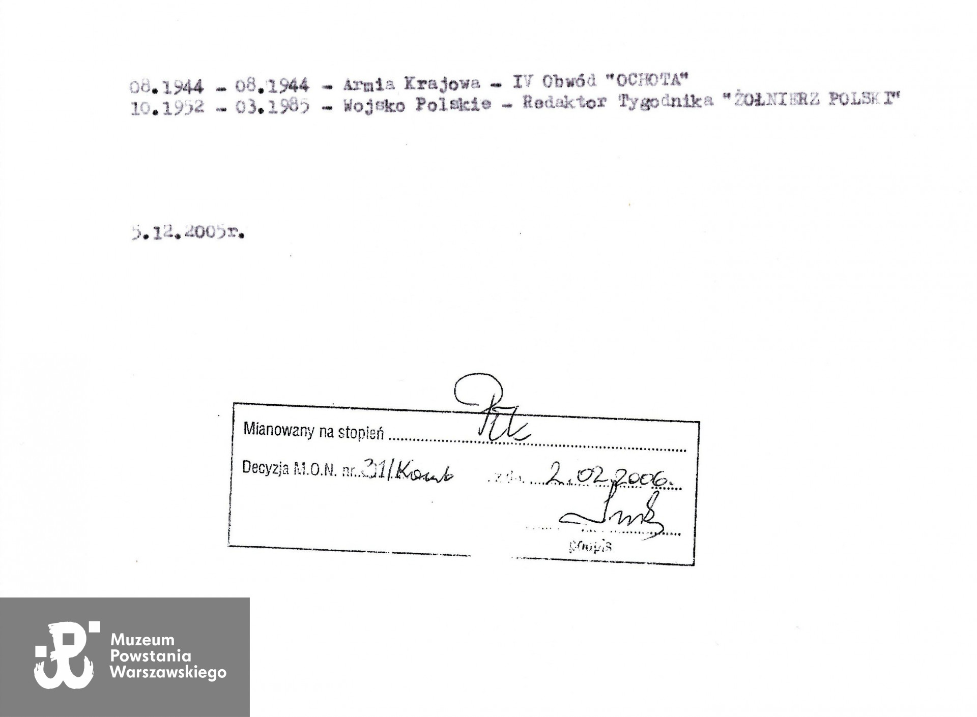 Muzeum Powstania Warszawskiego, Teczki personalne uczestników Powstania Warszawskiego, kopie dokumentów udostępnił p. Bogdan Bartnikowski