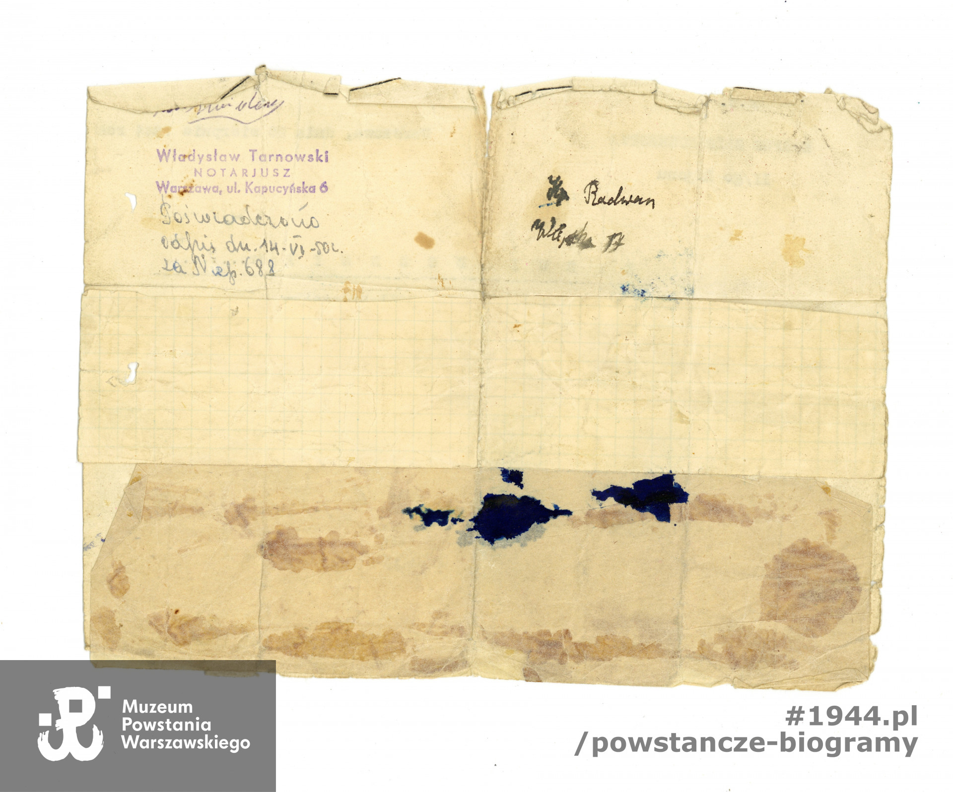 Zaświadczenie Komendanta KB - II Rejonu  z dn 20.08.1944 r. uprawniające strz. Stanisława Bajerskiego do poruszania się na terenie Dowództwa II Rejonu AK o każdej porze dnia i nocy - rewers dokumentu. Ze zbiorów Muzeum Powstania Warszawskiego, przekazał p. Tadeusz Grudzień