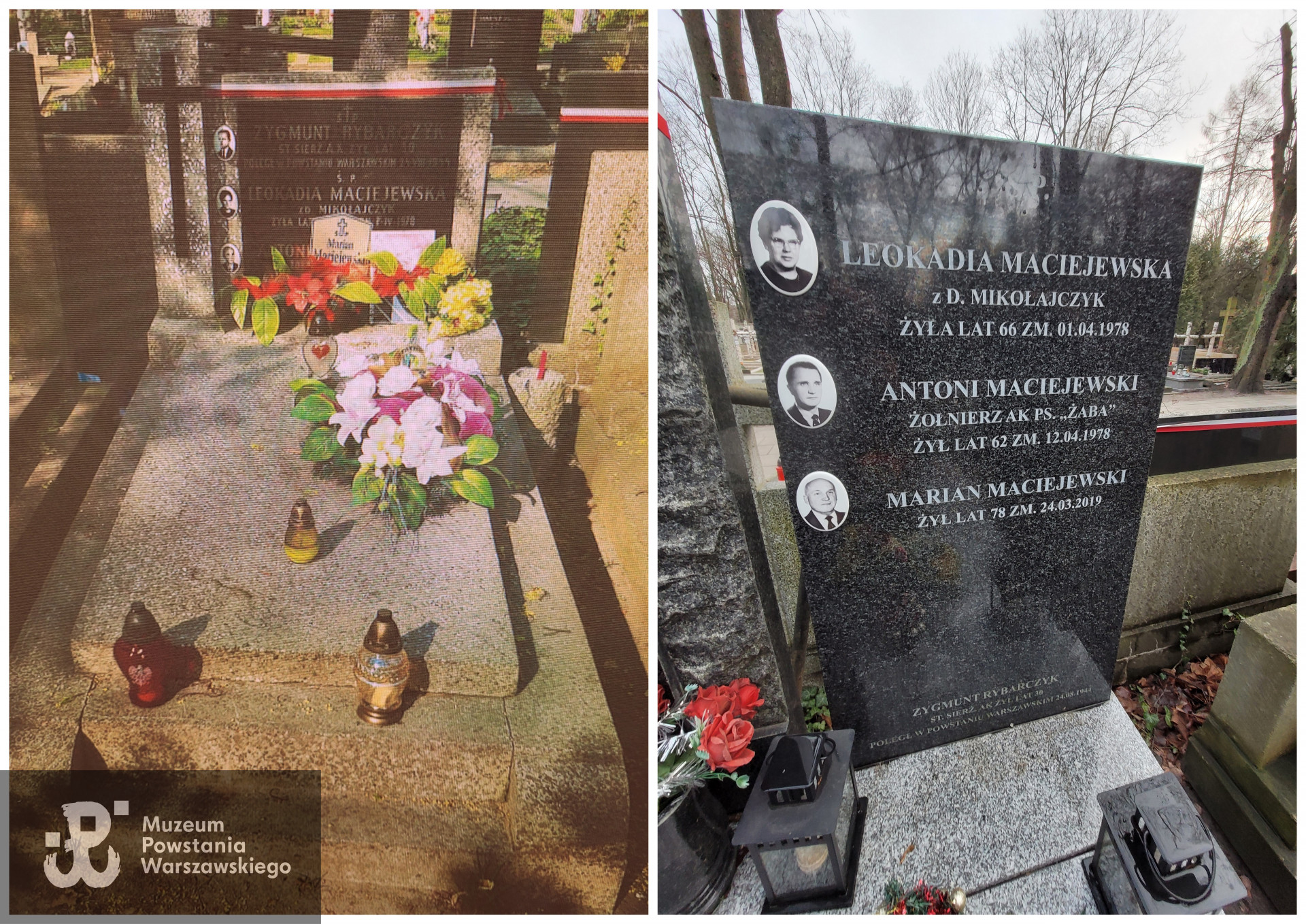 Na zdjęciu z lewej mogiła przed renowacją, po prawej po dokonanej przez spadkobierców wymianie pomnika - stan w 2022 roku.  Zasmuca fakt, że Zygmunt Rybarczyk, który pochowany był w tym grobie jako pierwszy i jego nazwisko wraz ze zdjęciem wymienione było na tablicy epitafijnej jako pierwsze, został "zdegradowany" do skromnego napisu na dole pomnika, już bez fotografii. Zdjęcia udostępnił p. Remigiusz Stefani