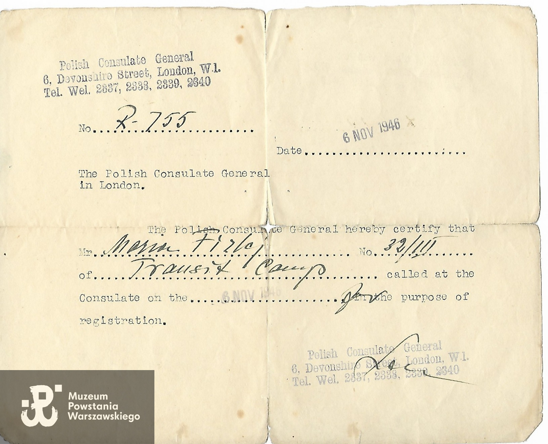 Zaświadczenie <i>Polish Consulate General</i> Londyn 1946 rok.  Z archiwum rodzinnego udostępnił p. Rafał Romanowicz