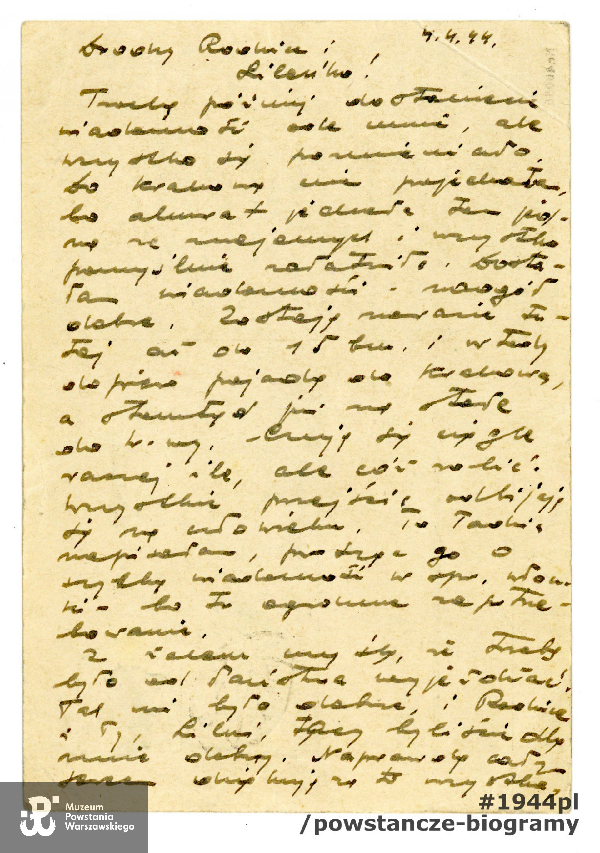 List Marii Kurpińskiej do rodziny, okres okupacji niemieckiej. Ze zbiorów Muzeum Powstania Warszawskiego, sygn. P/9613/22