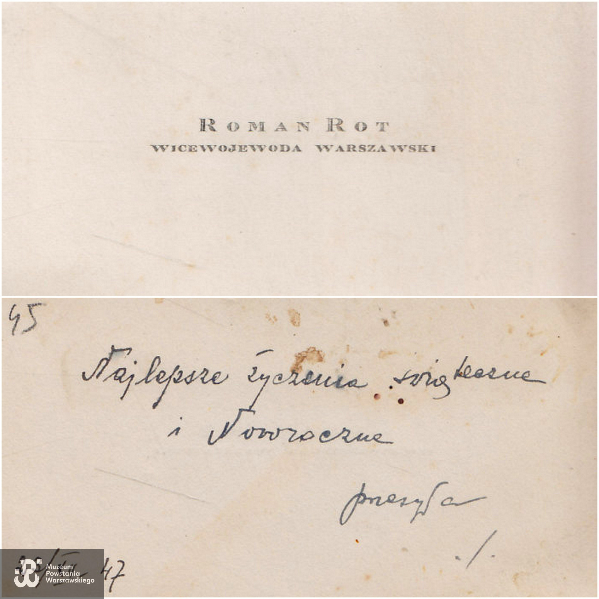 Wizytówka Wojewody Warszawskiego Romana Rota. Na rewersie zapis: Najlepsze życzenia świąteczne i noworoczne przesyła [Roman Rot]. Datowanie: 23.XII.1947. Fot. Antykwariat Kwadryga
