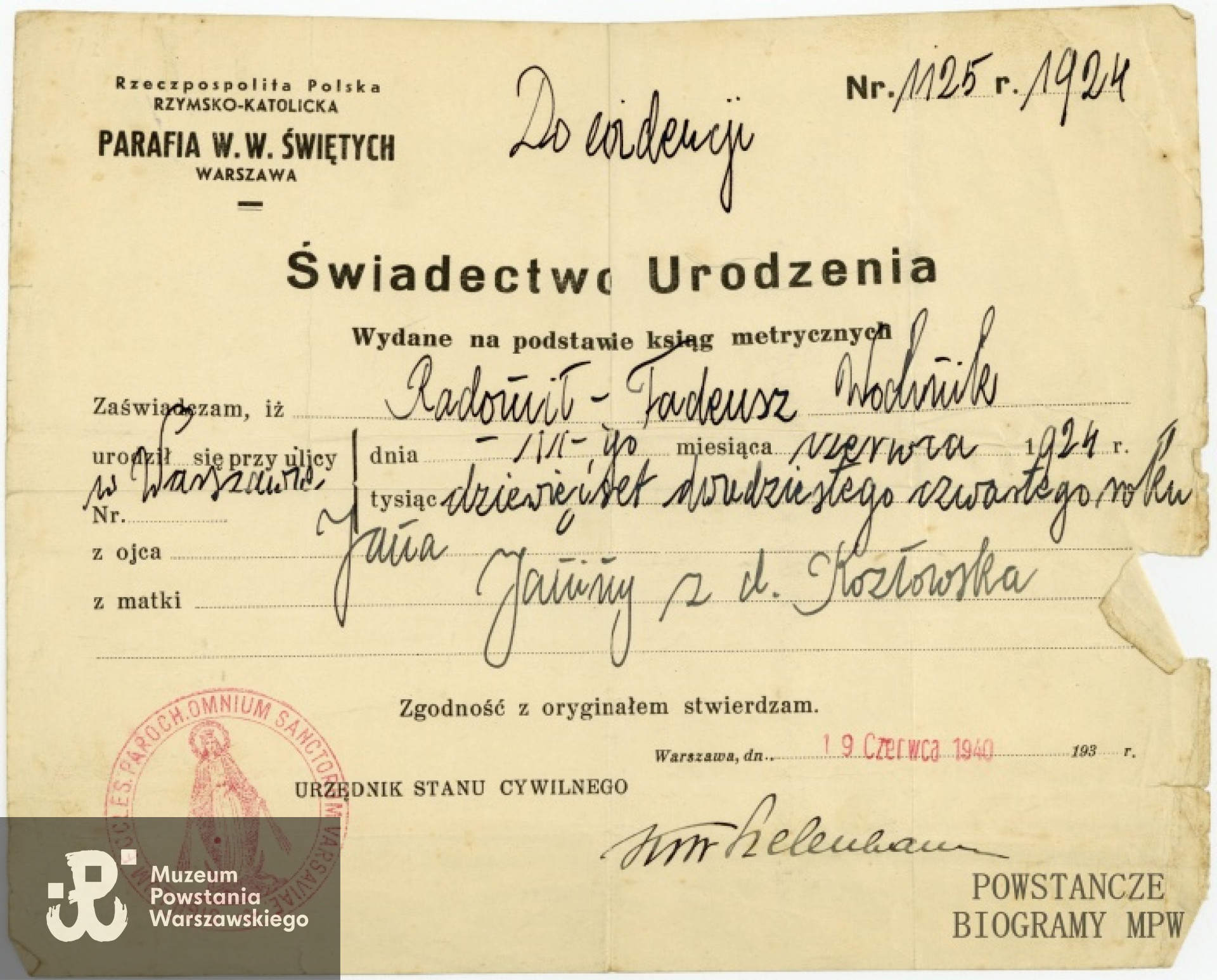 Świadectwo urodzenia Radomiła Wochnika. Dokument  z archiwum rodzinnego p. Danuty Wochnik-Dyjas