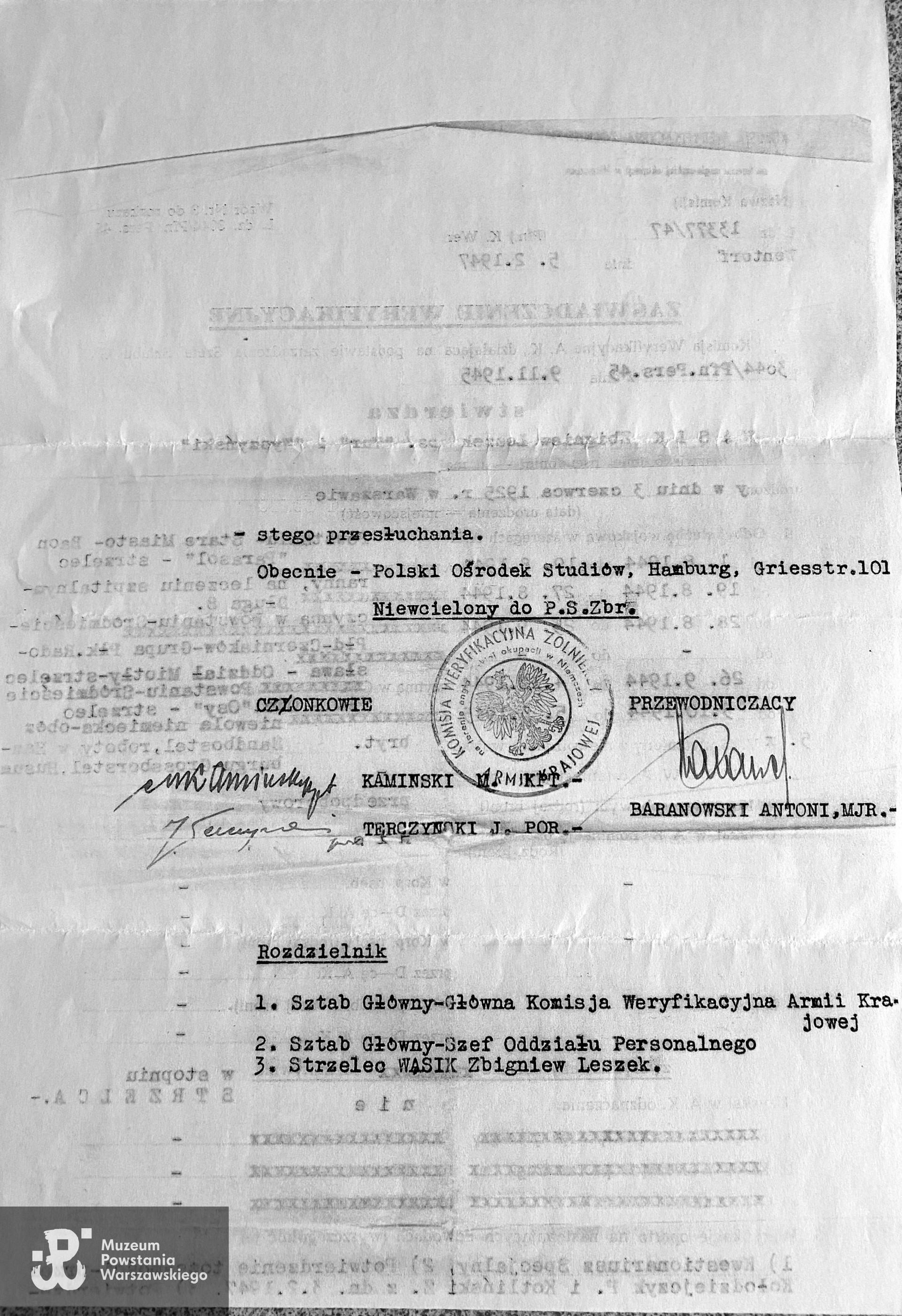 Zaświadczenie weryfikacyjne ze zbiorów rodzinnych. Skan udostępniła p. Barbara Wąsik