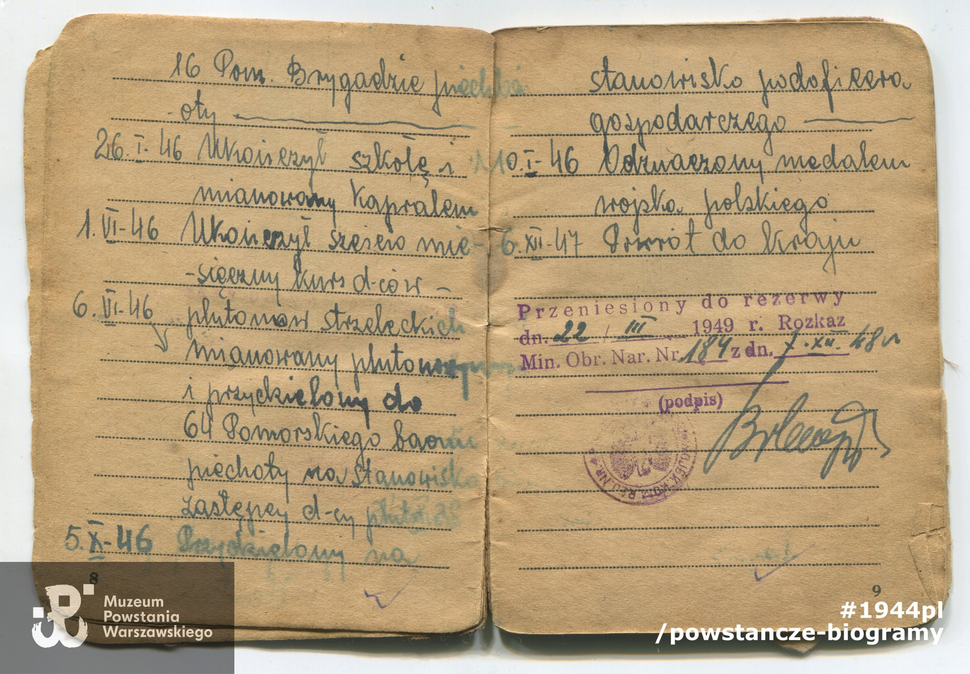 Książeczka wojskowa, str. 8-9. Ze zbiorów rodzinnych p. Stanisława Bogdanowicza ps. "Bogdan"