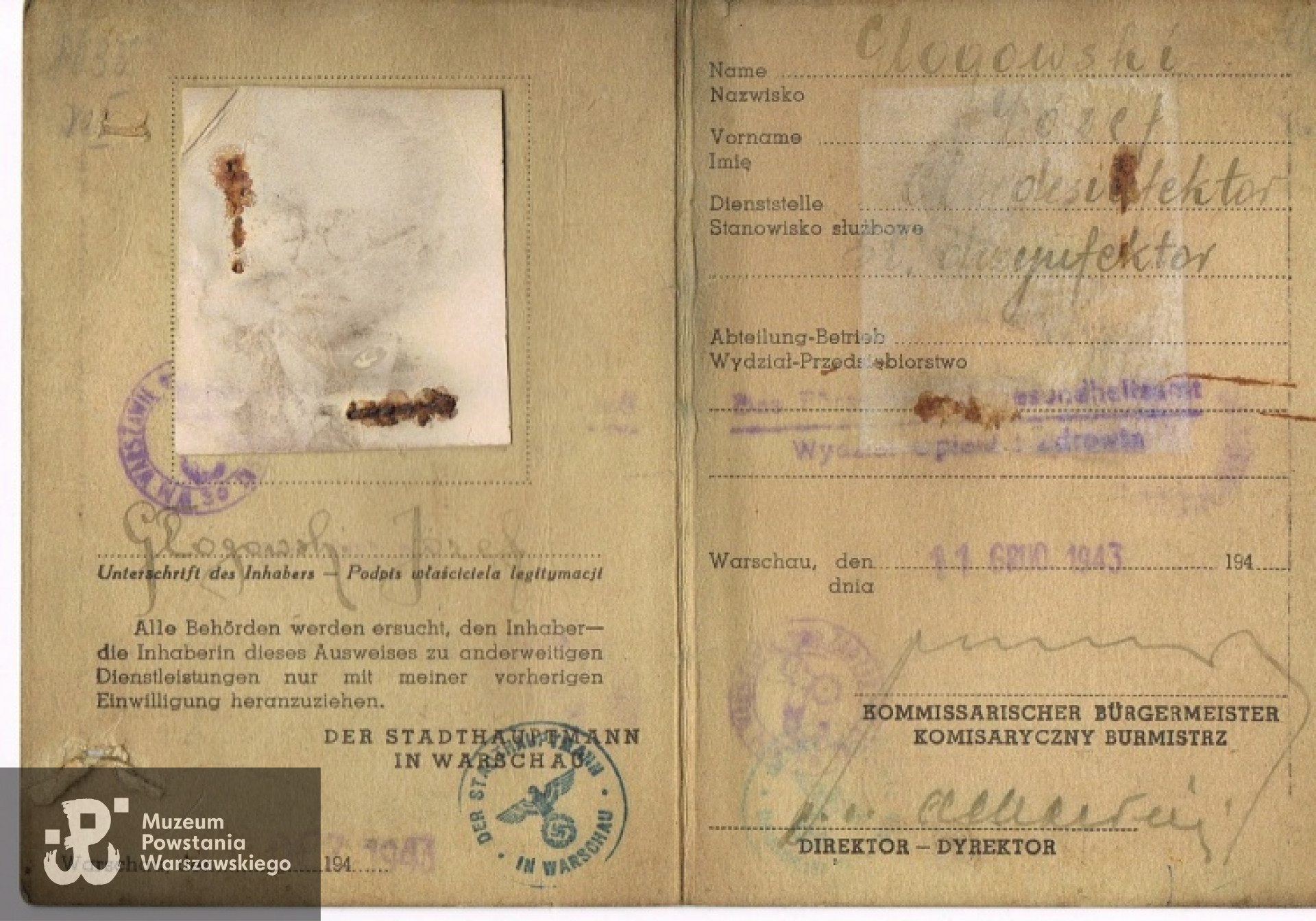 Legitymacja J.Głogowskiego  z czasów okupacji. Ze zbiorów Elżbiety Słabik