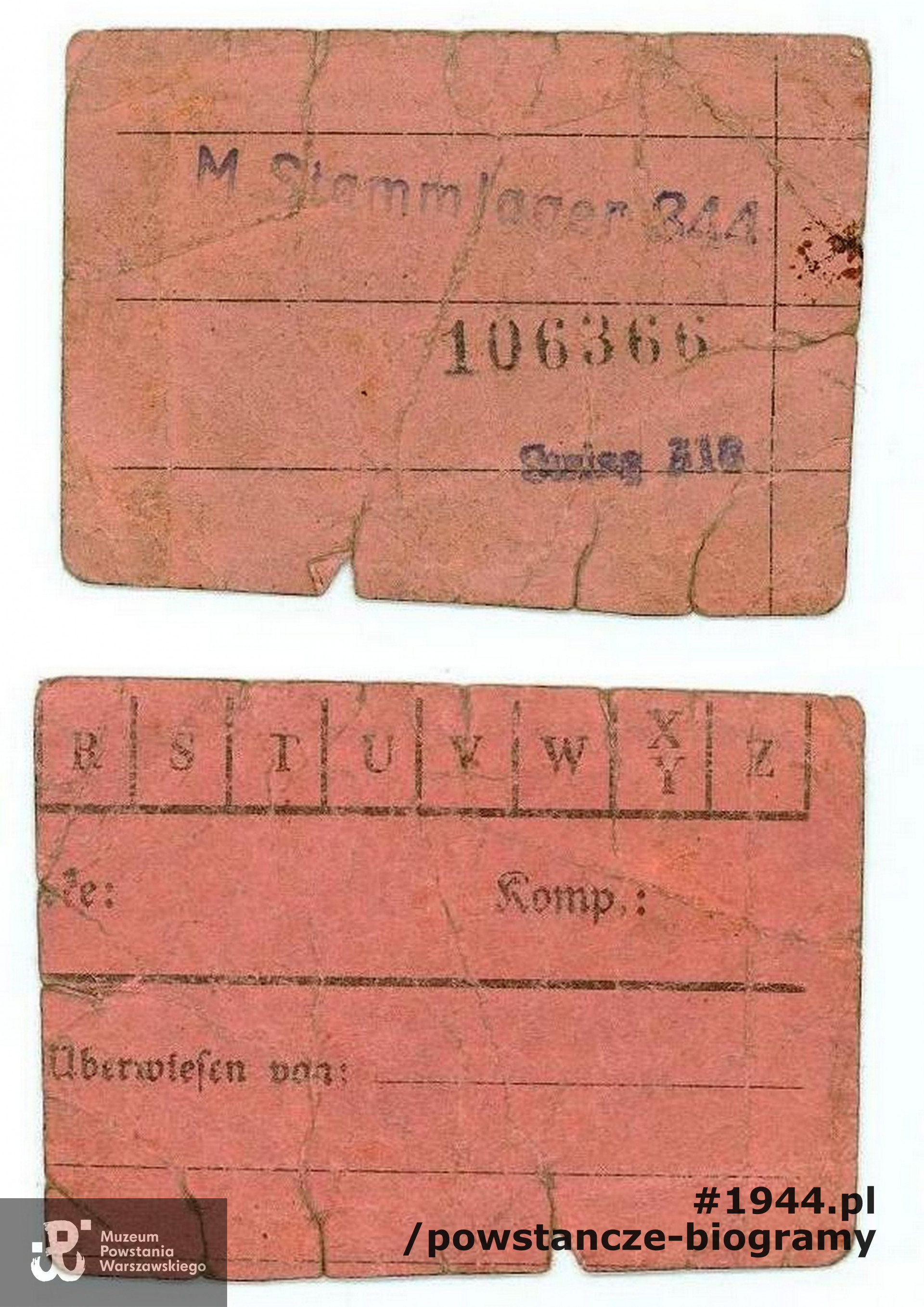 Należący do Krystyny Hildebrandt  numerek jeniecki na tekturce 106366 ze Stalagu 318 (M. Stammlager 344 Lamsdorf - Łambinowice k. Opola). Ze zbiorów Muzeum Powstania Warszawskiego, sygn. P/7619,  dar Emilii Hildebrandt