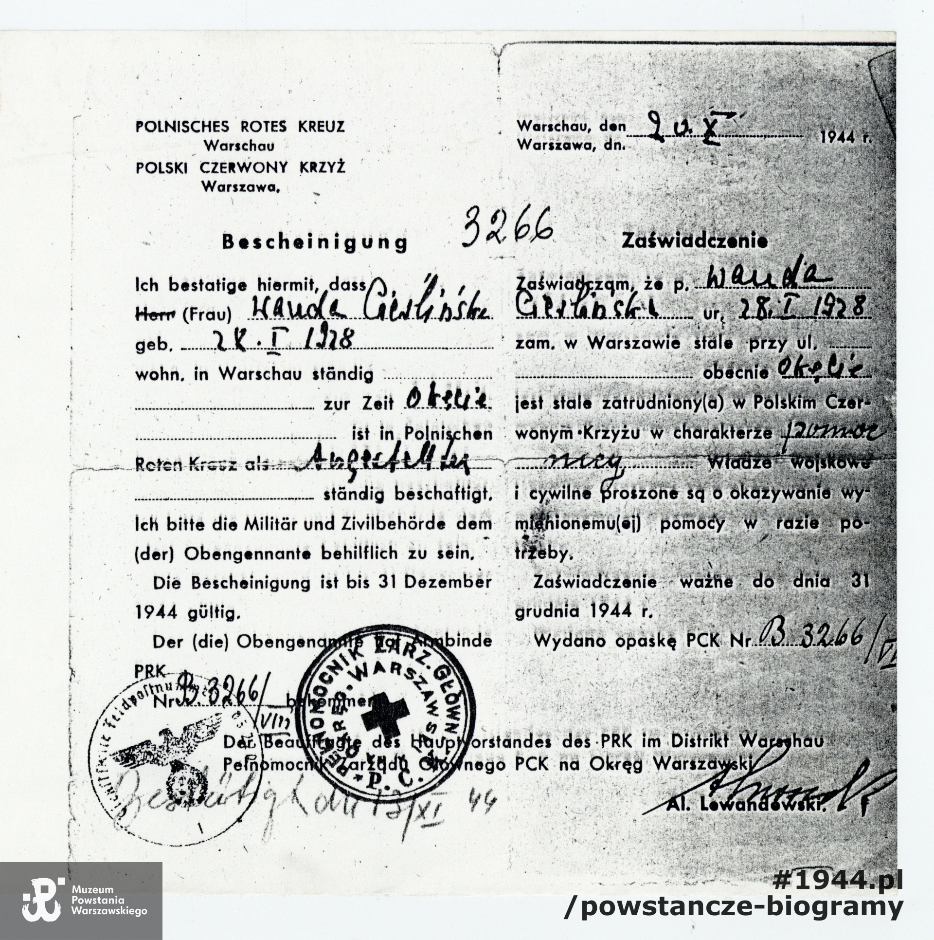 Kopia zaświadczenia (niem. Bescheinigung) o zatrudnieniu w punkcie PCK. Uwaga! tu błędna data urodzenia: 28-01-1928. Ze zbiorów prywatnych p. Wandy Cieślińskiej ps. "Wanda"